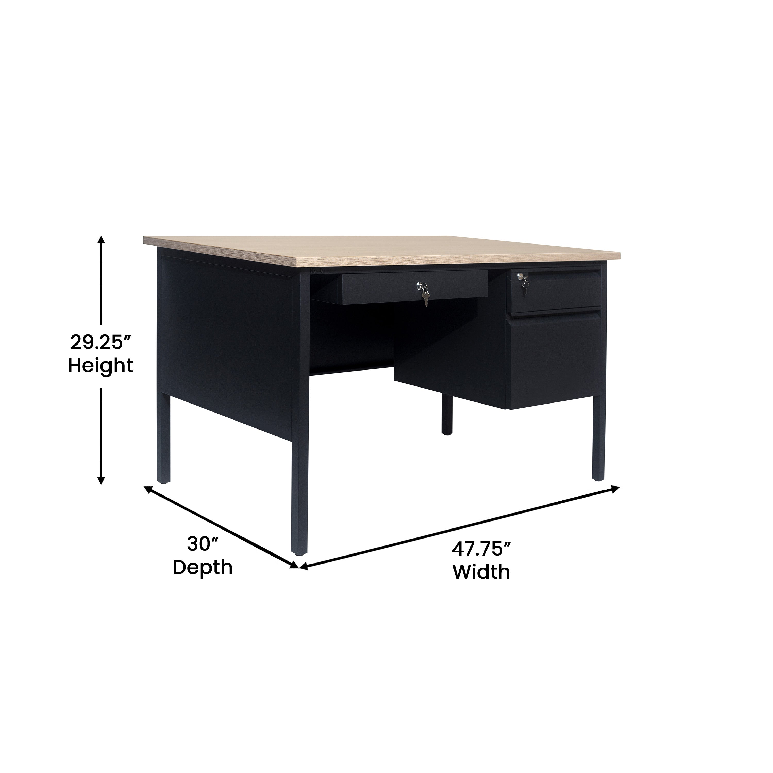 Cambridge Commercial Grade 30x48 Right Side Single Pedestal Desk with 3 Locking Drawers, White Oak Top and Black Frame