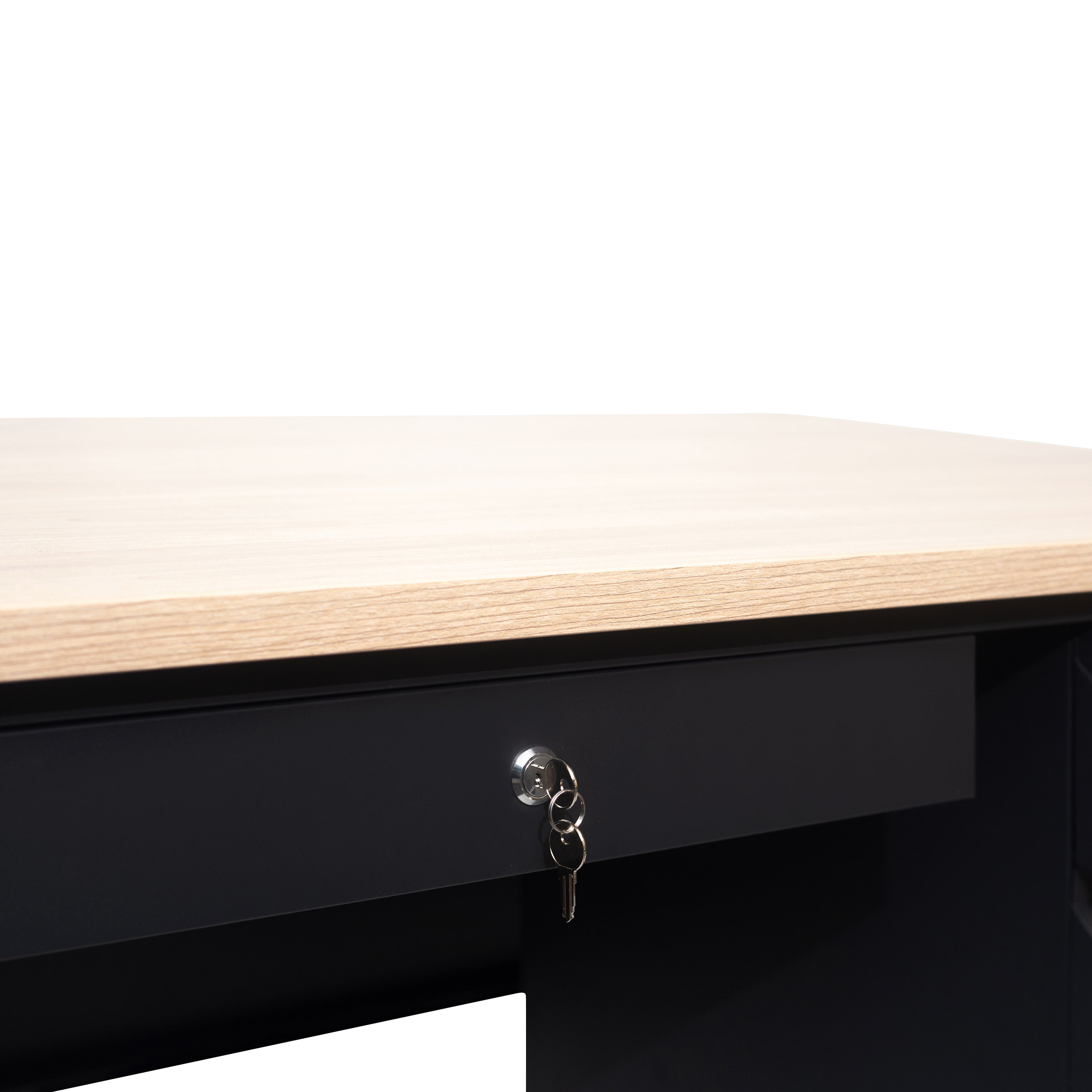 Cambridge Commercial Grade 30x48 Right Side Single Pedestal Desk with 3 Locking Drawers, White Oak Top and Black Frame
