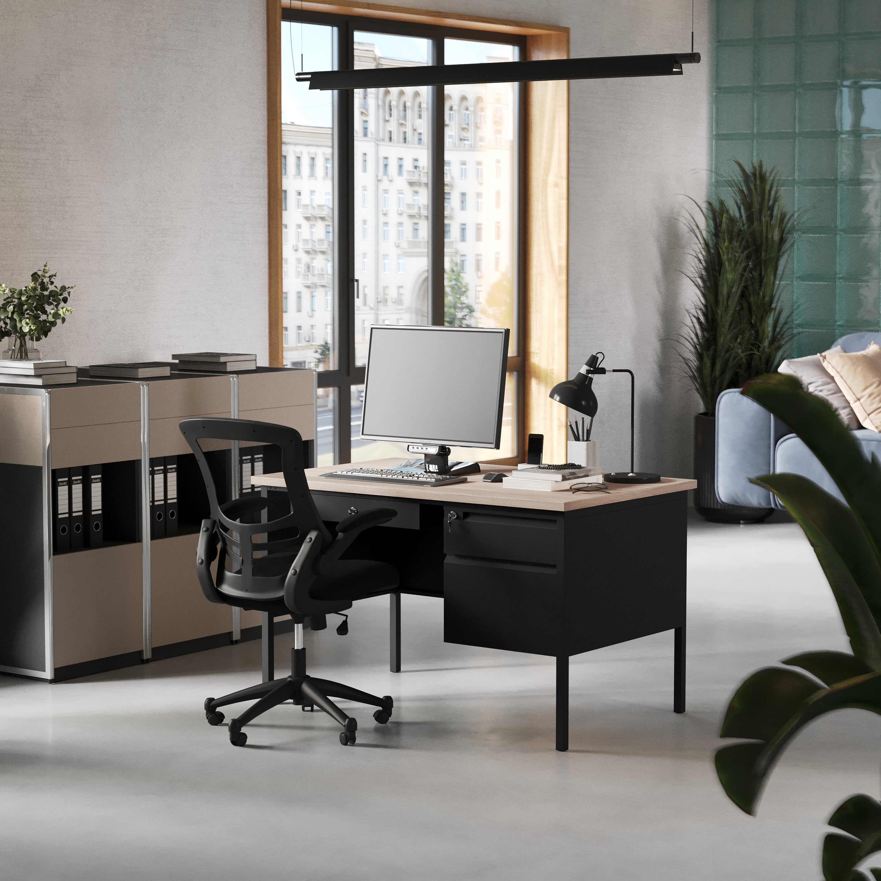 Cambridge Commercial Grade 30x48 Right Side Single Pedestal Desk with 3 Locking Drawers, White Oak Top and Black Frame