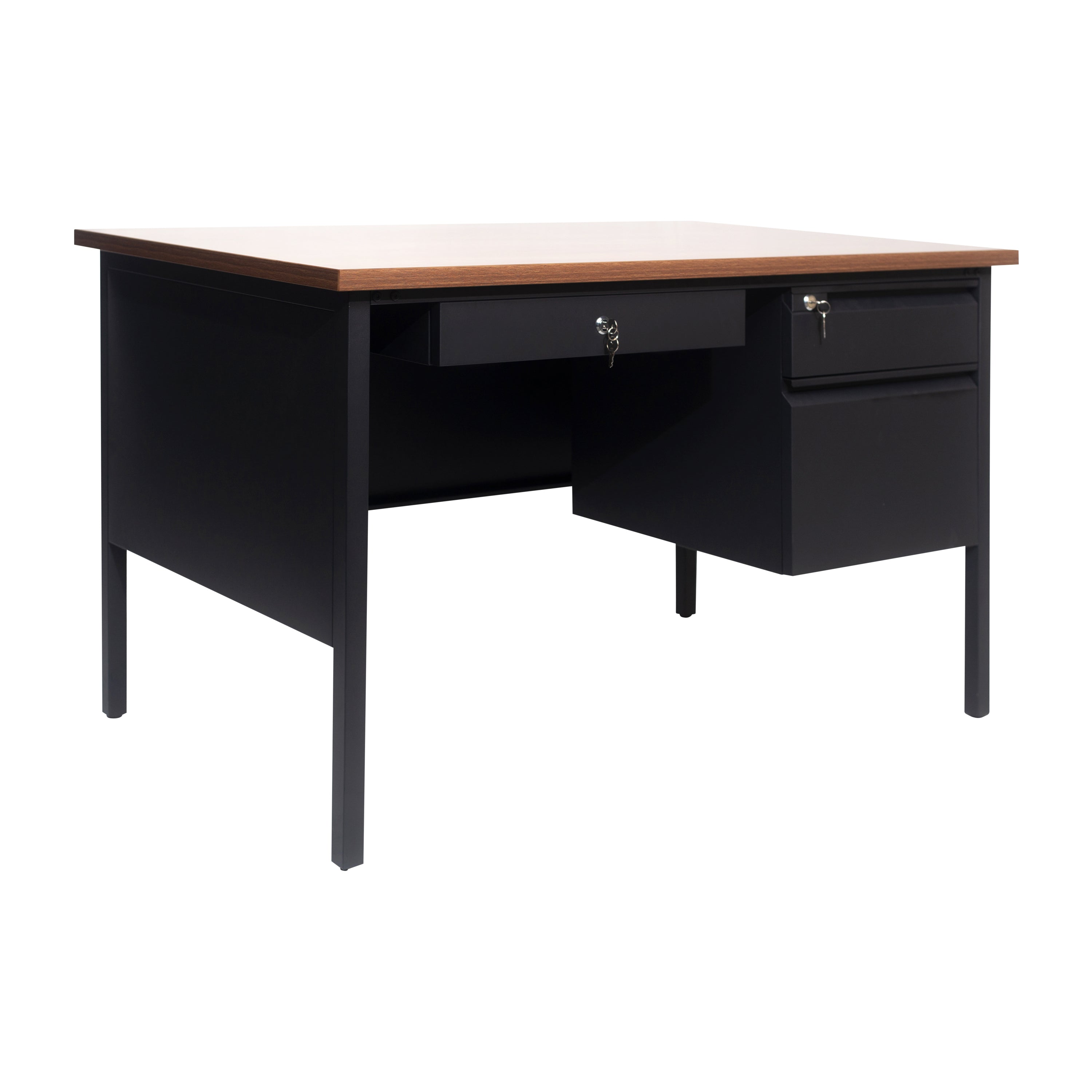 Cambridge Commercial Grade 30x48 Right Side Single Pedestal Desk with 3 Locking Drawers, Walnut Top and Black Frame