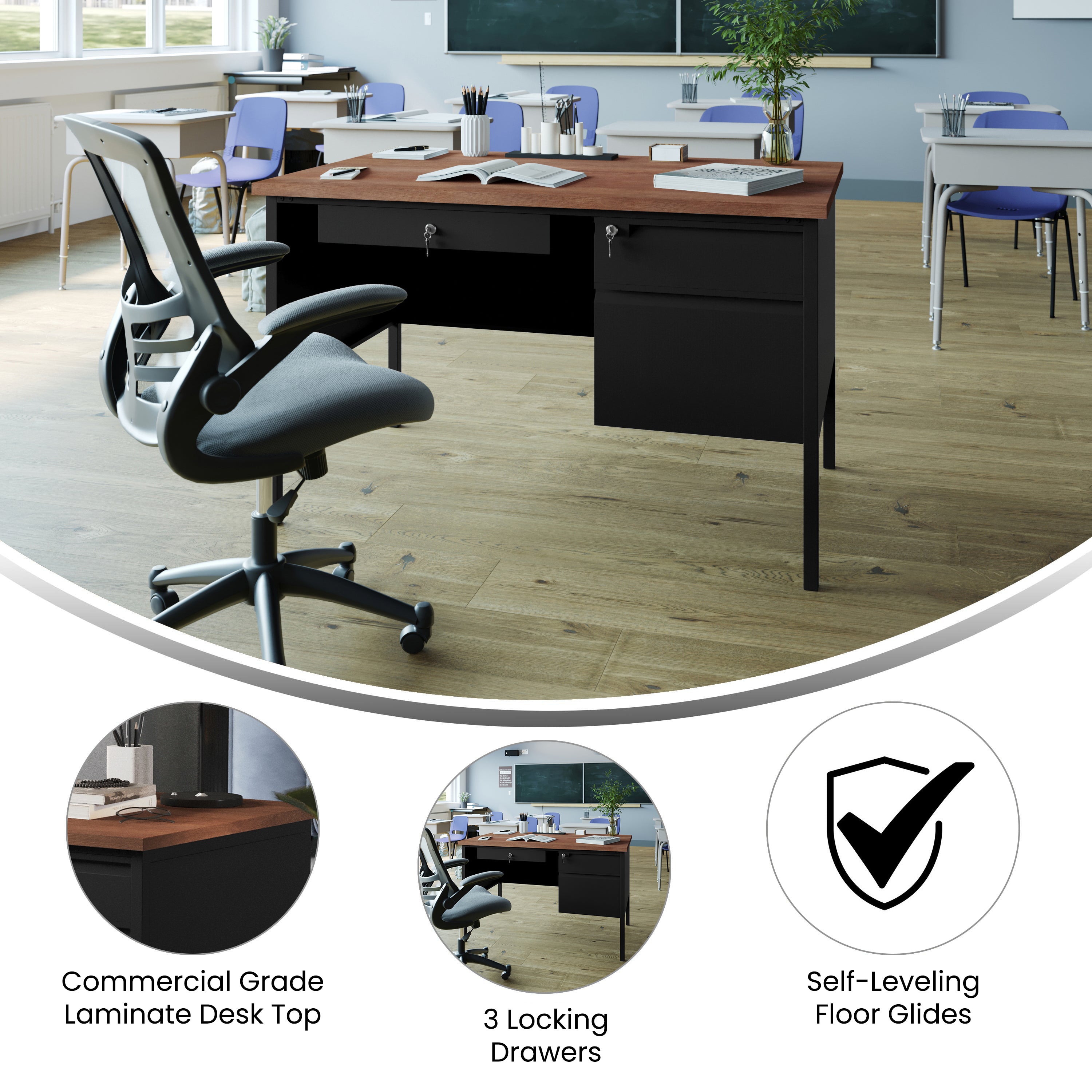 Cambridge Commercial Grade 30x48 Right Side Single Pedestal Desk with 3 Locking Drawers, Walnut Top and Black Frame