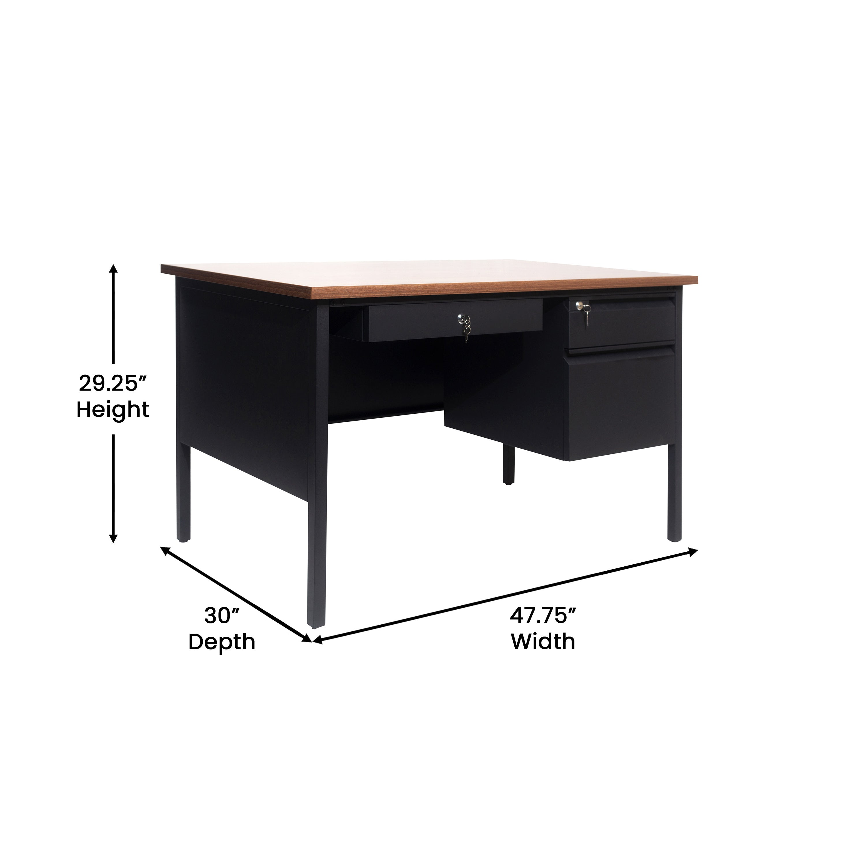 Cambridge Commercial Grade 30x48 Right Side Single Pedestal Desk with 3 Locking Drawers, Walnut Top and Black Frame