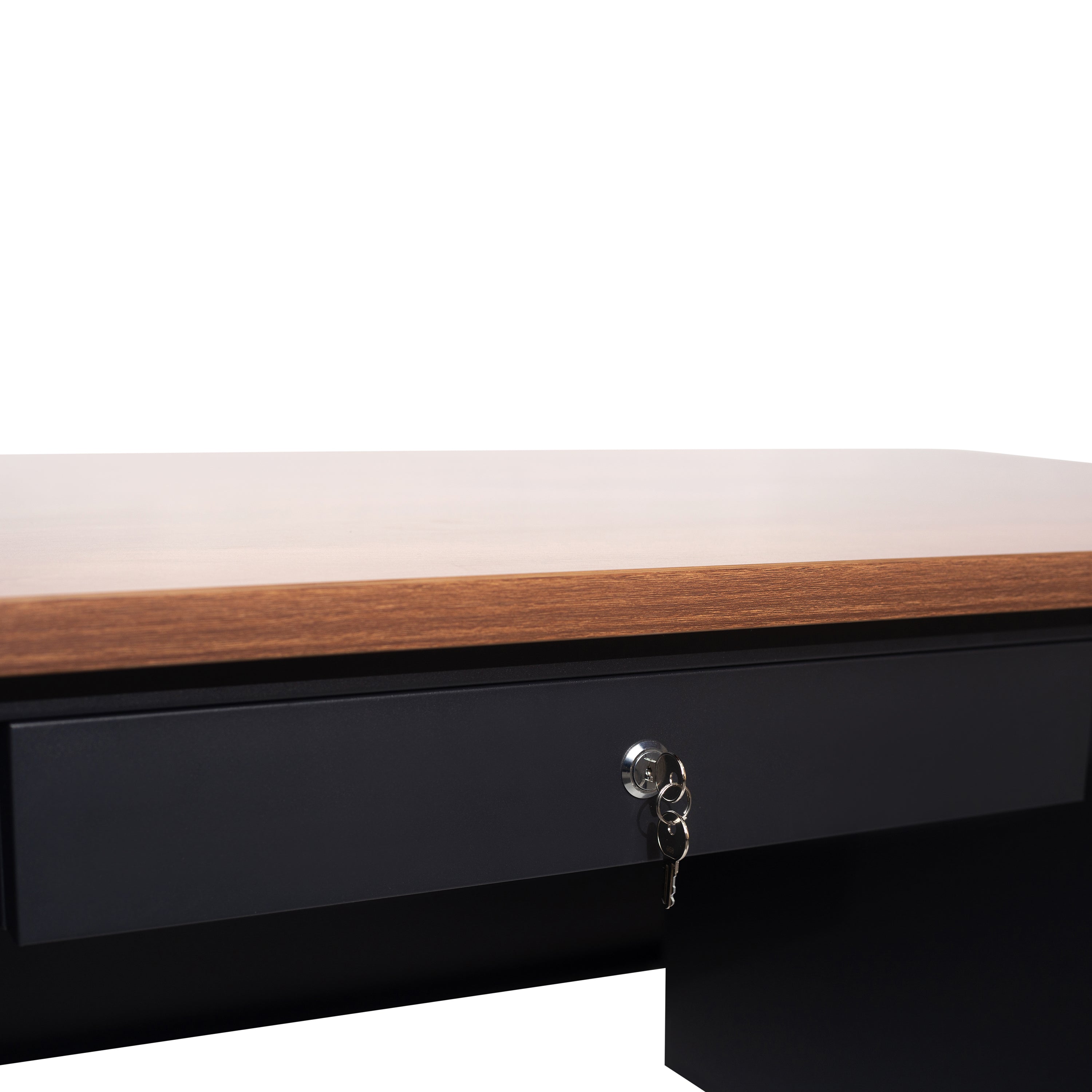 Cambridge Commercial Grade 30x48 Right Side Single Pedestal Desk with 3 Locking Drawers, Walnut Top and Black Frame
