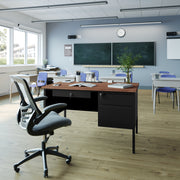 Cambridge Commercial Grade 30x48 Right Side Single Pedestal Desk with 3 Locking Drawers, Walnut Top and Black Frame