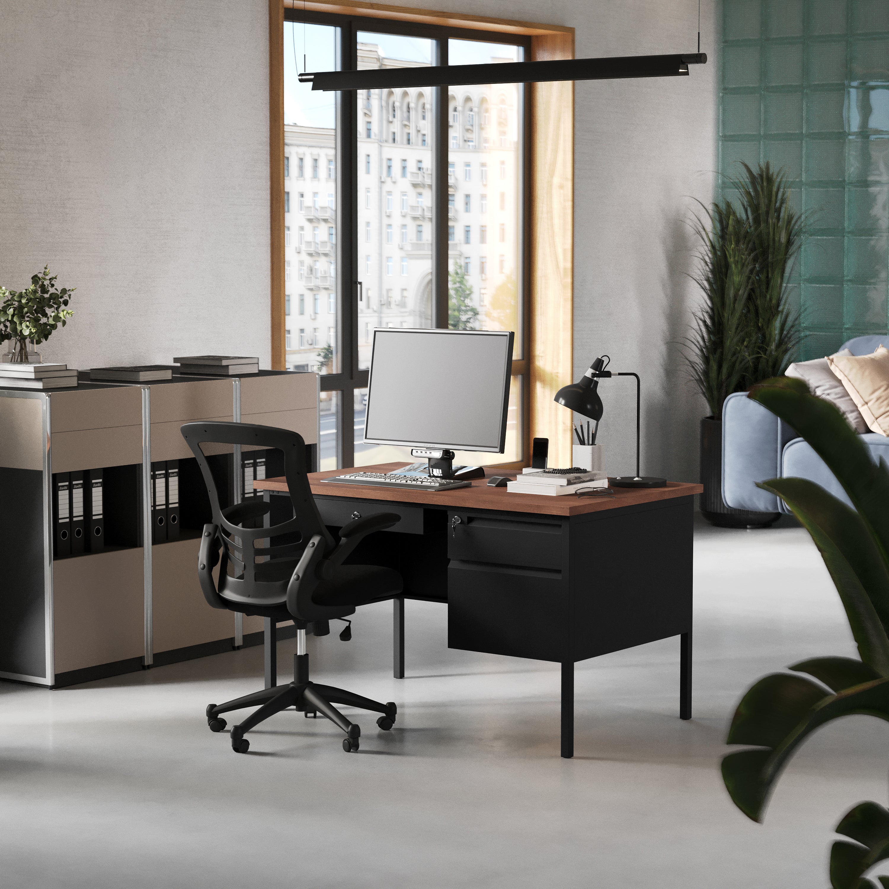 Cambridge Commercial Grade 30x48 Right Side Single Pedestal Desk with 3 Locking Drawers, Walnut Top and Black Frame