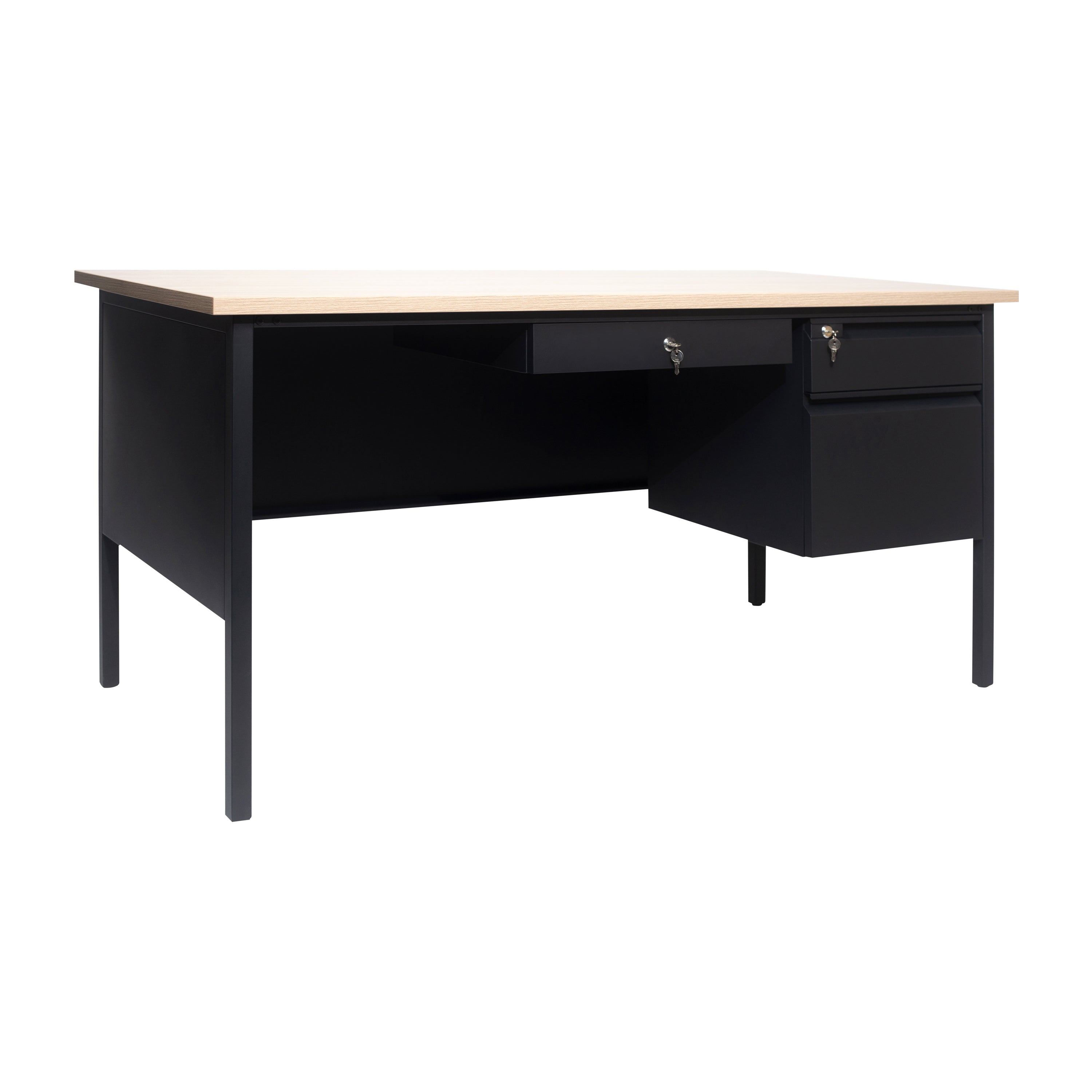 Cambridge Commercial Grade 30x60 Right Side Single Pedestal Desk with 3 Locking Drawers, White Oak Top and Black Frame