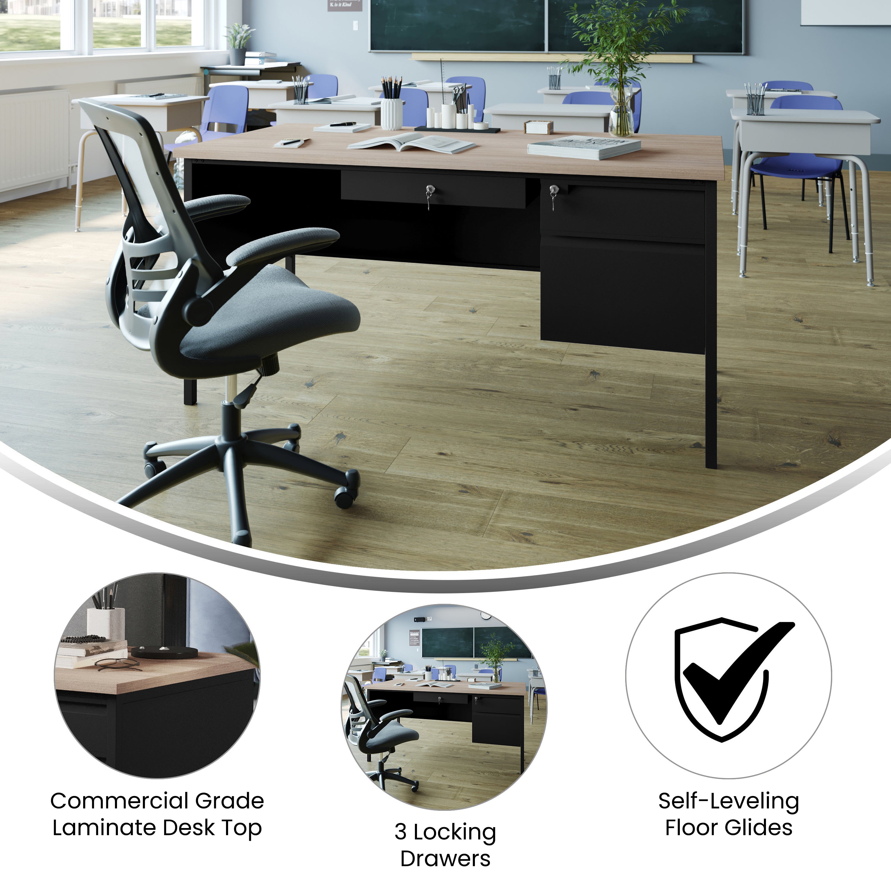 Cambridge Commercial Grade 30x60 Right Side Single Pedestal Desk with 3 Locking Drawers, White Oak Top and Black Frame