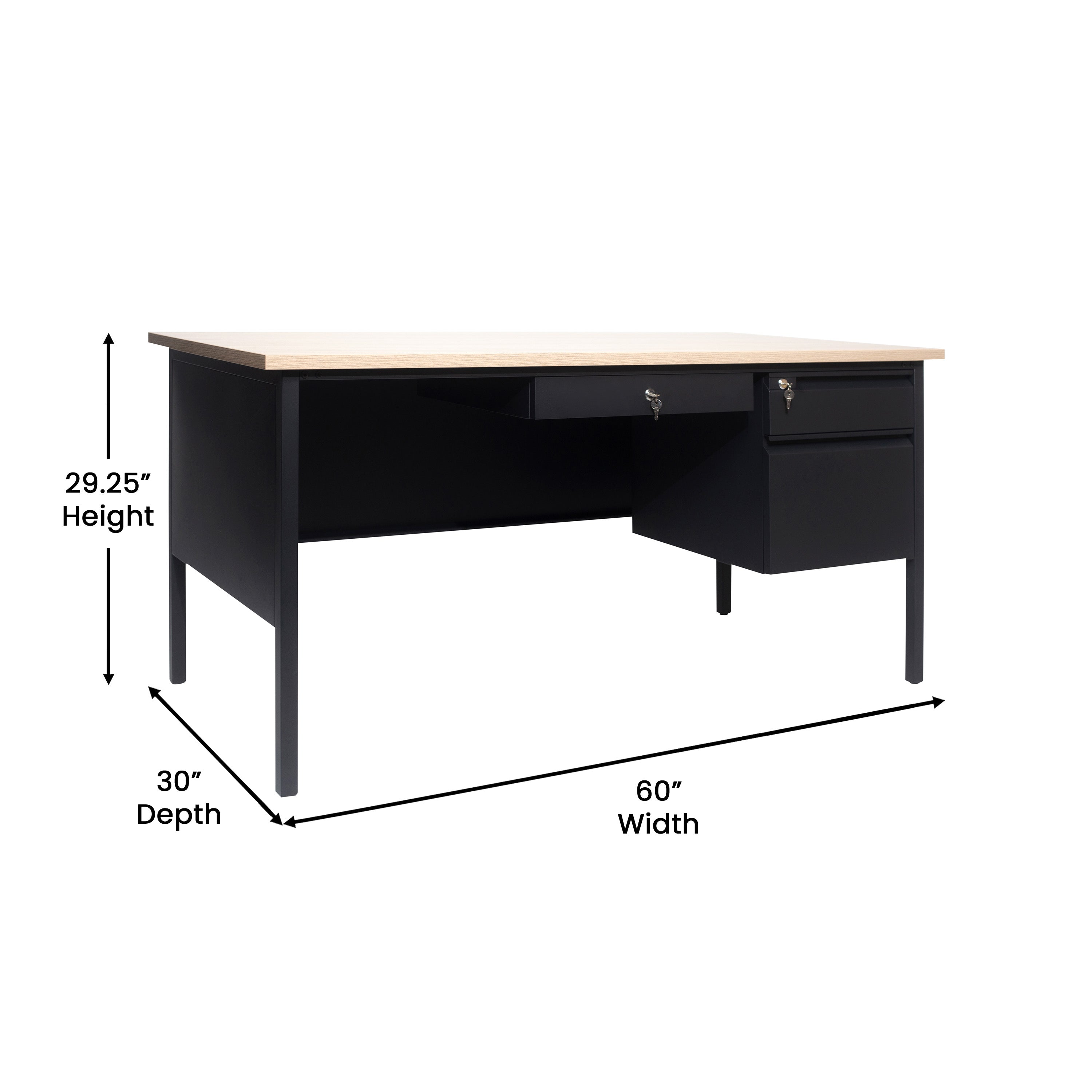 Cambridge Commercial Grade 30x60 Right Side Single Pedestal Desk with 3 Locking Drawers, White Oak Top and Black Frame