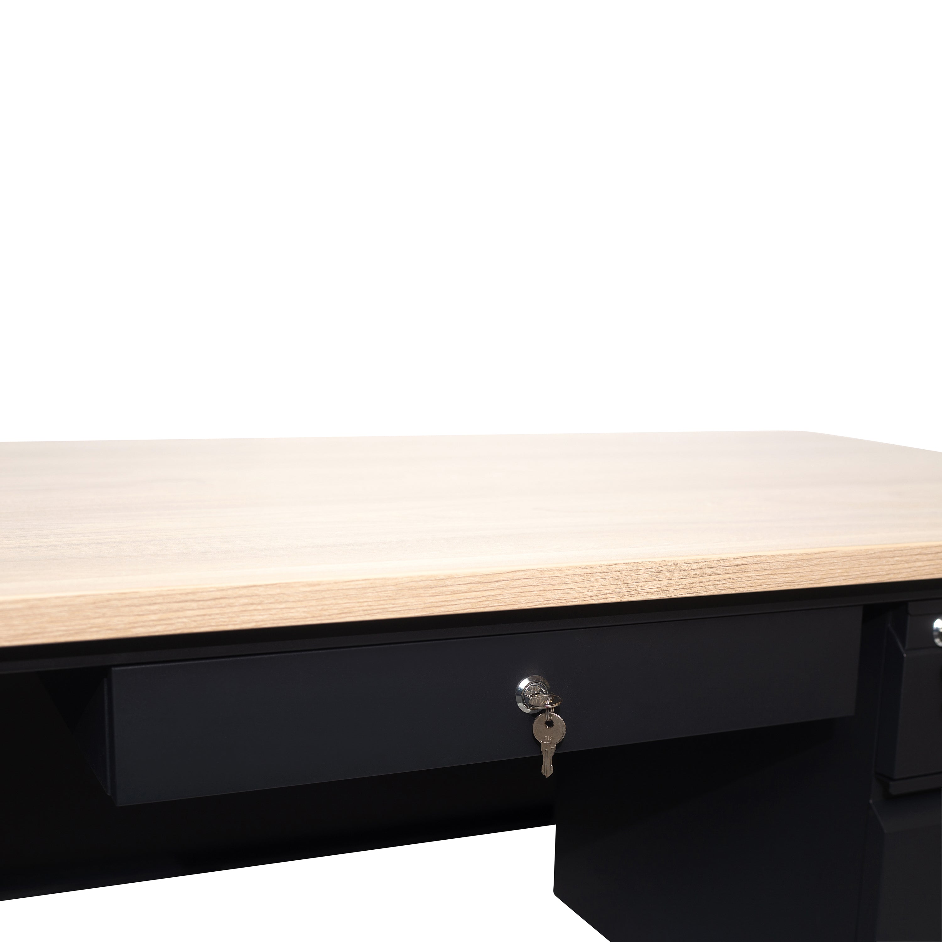 Cambridge Commercial Grade 30x60 Right Side Single Pedestal Desk with 3 Locking Drawers, White Oak Top and Black Frame