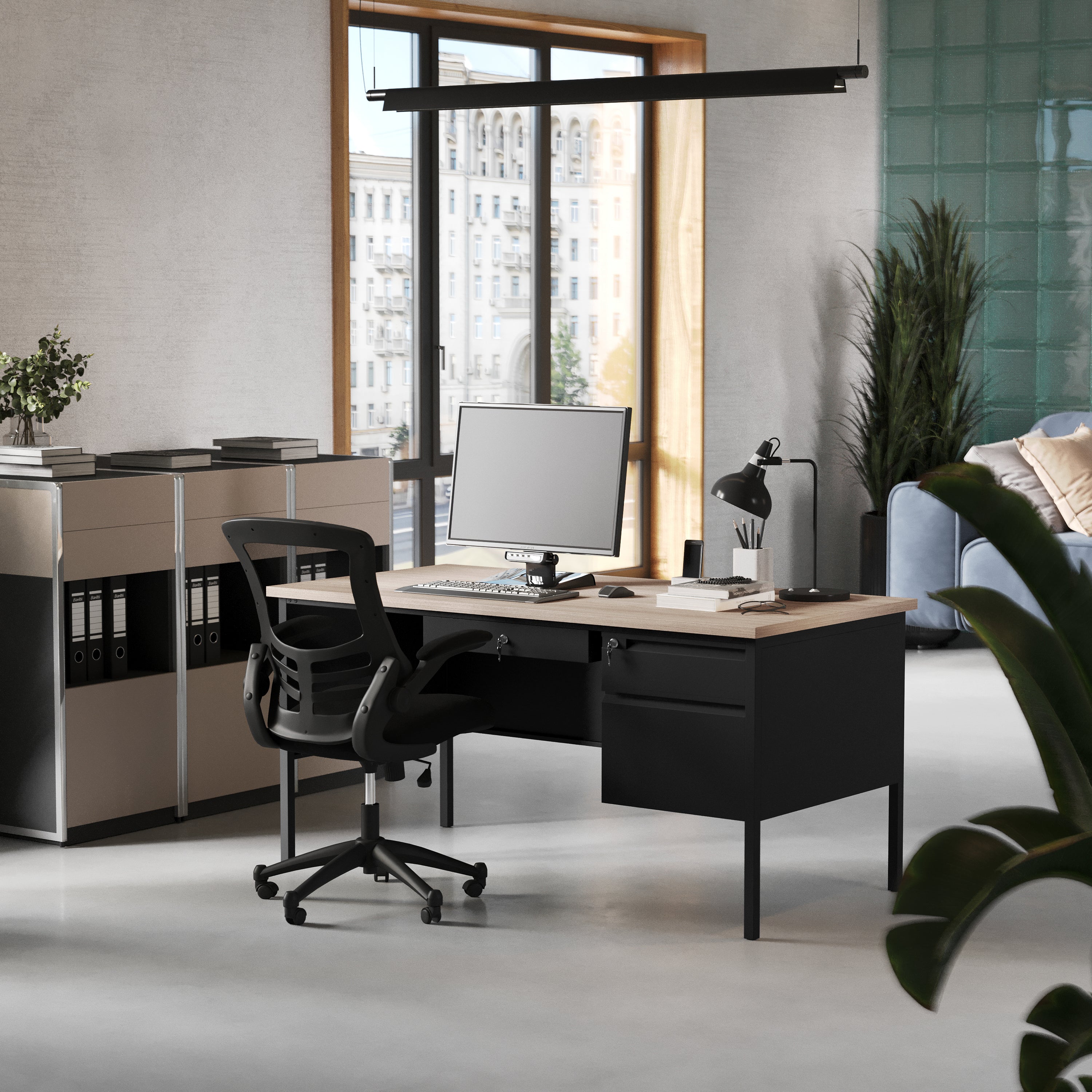 Cambridge Commercial Grade 30x60 Right Side Single Pedestal Desk with 3 Locking Drawers, White Oak Top and Black Frame