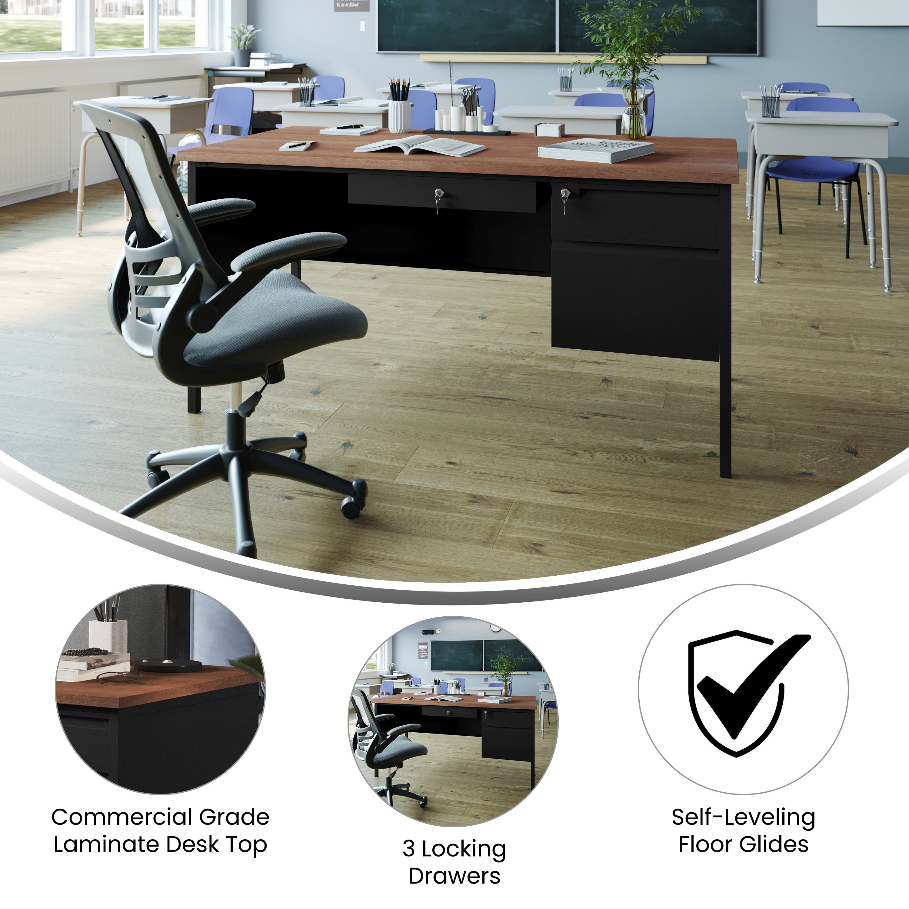 Cambridge Commercial Grade 30x60 Right Side Single Pedestal Desk with 3 Locking Drawers, Walnut Top and Black Frame