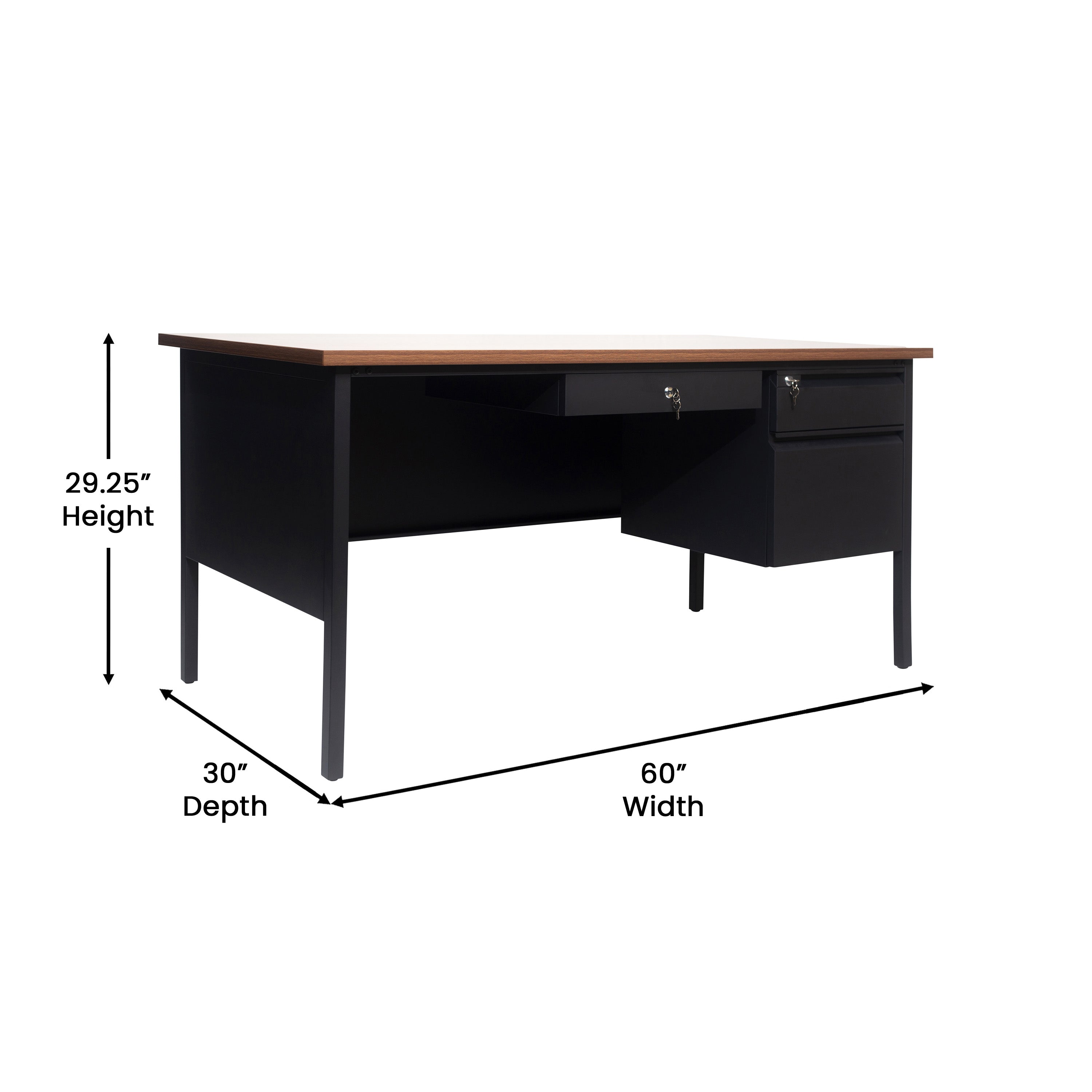 Cambridge Commercial Grade 30x60 Right Side Single Pedestal Desk with 3 Locking Drawers, Walnut Top and Black Frame