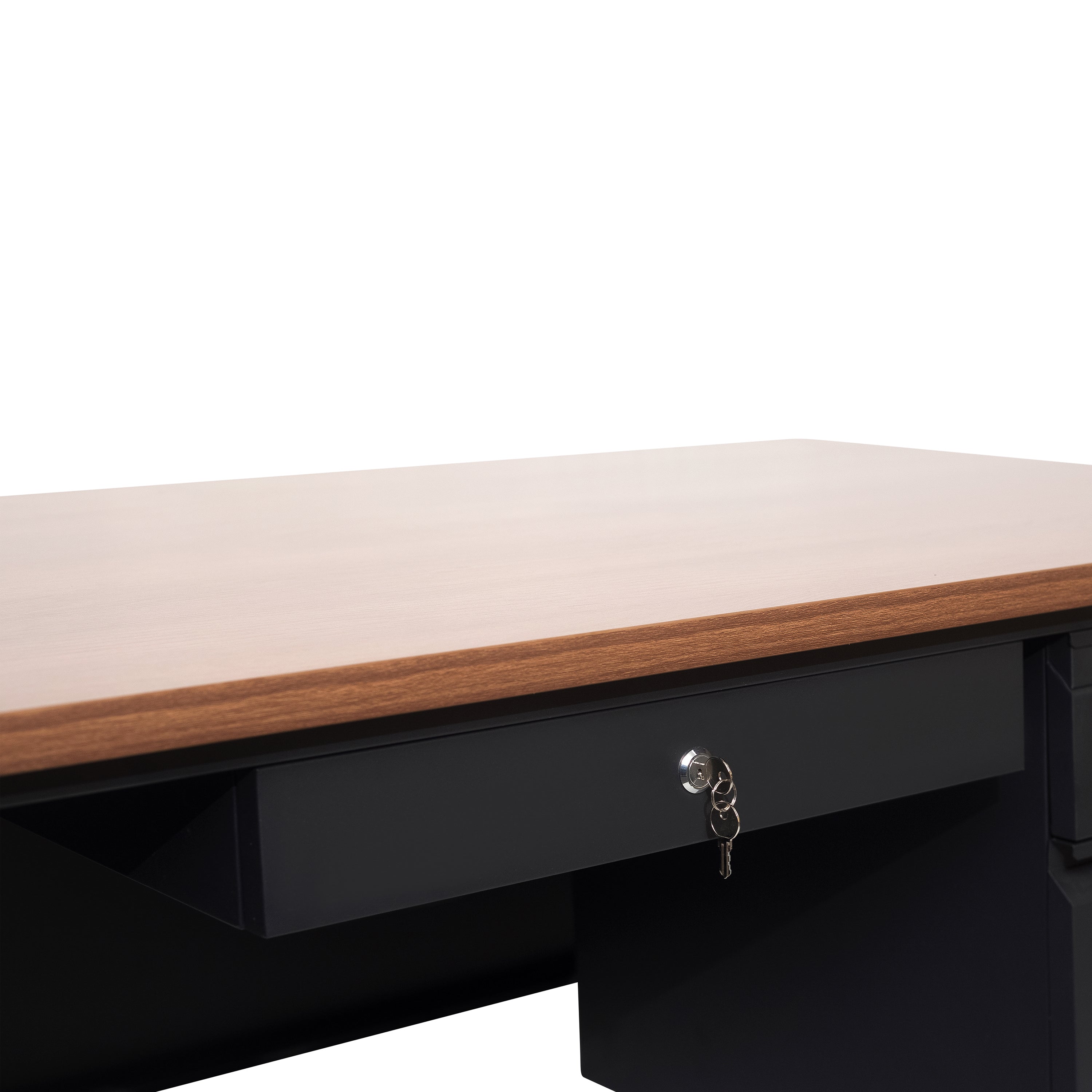 Cambridge Commercial Grade 30x60 Right Side Single Pedestal Desk with 3 Locking Drawers, Walnut Top and Black Frame