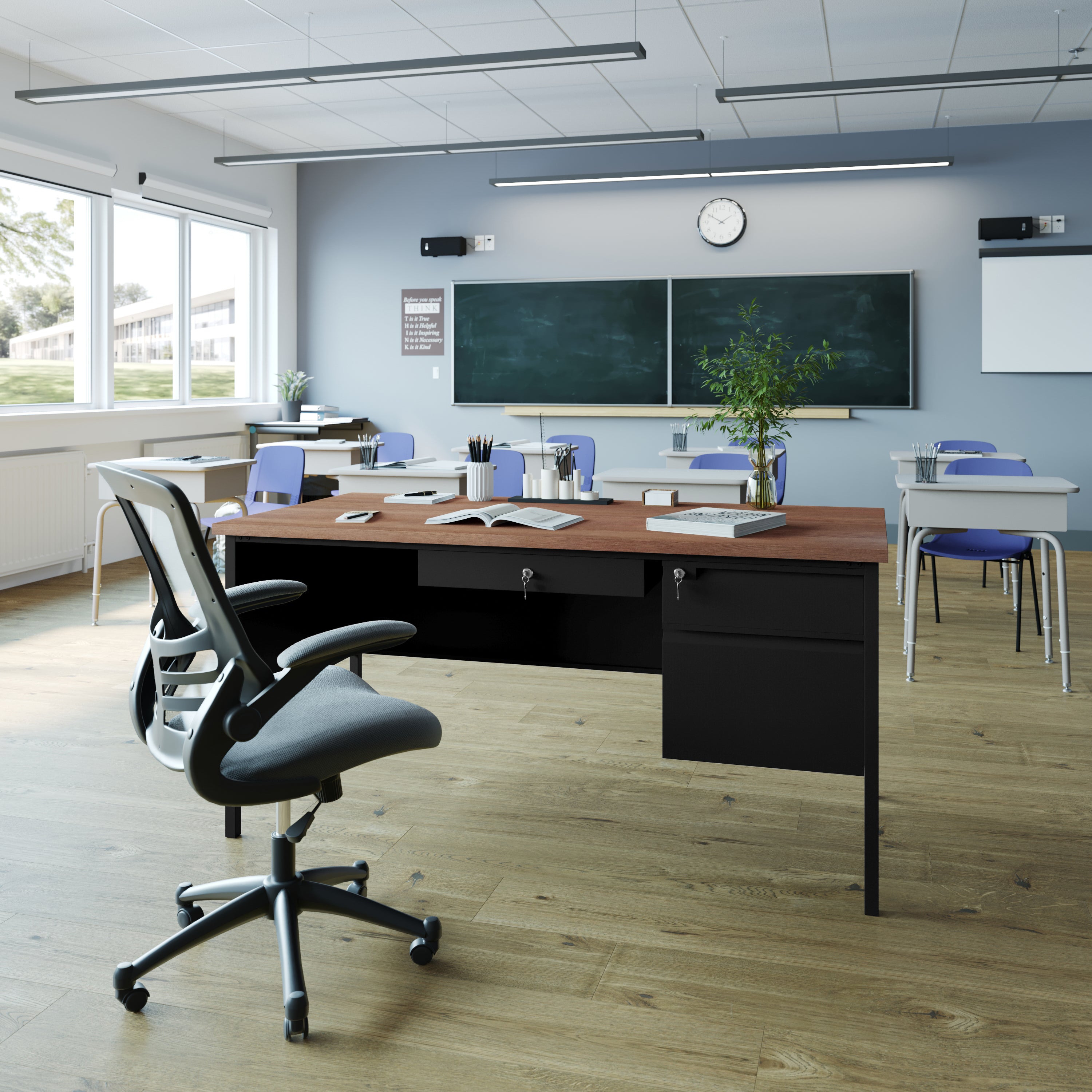 Cambridge Commercial Grade 30x60 Right Side Single Pedestal Desk with 3 Locking Drawers, Walnut Top and Black Frame