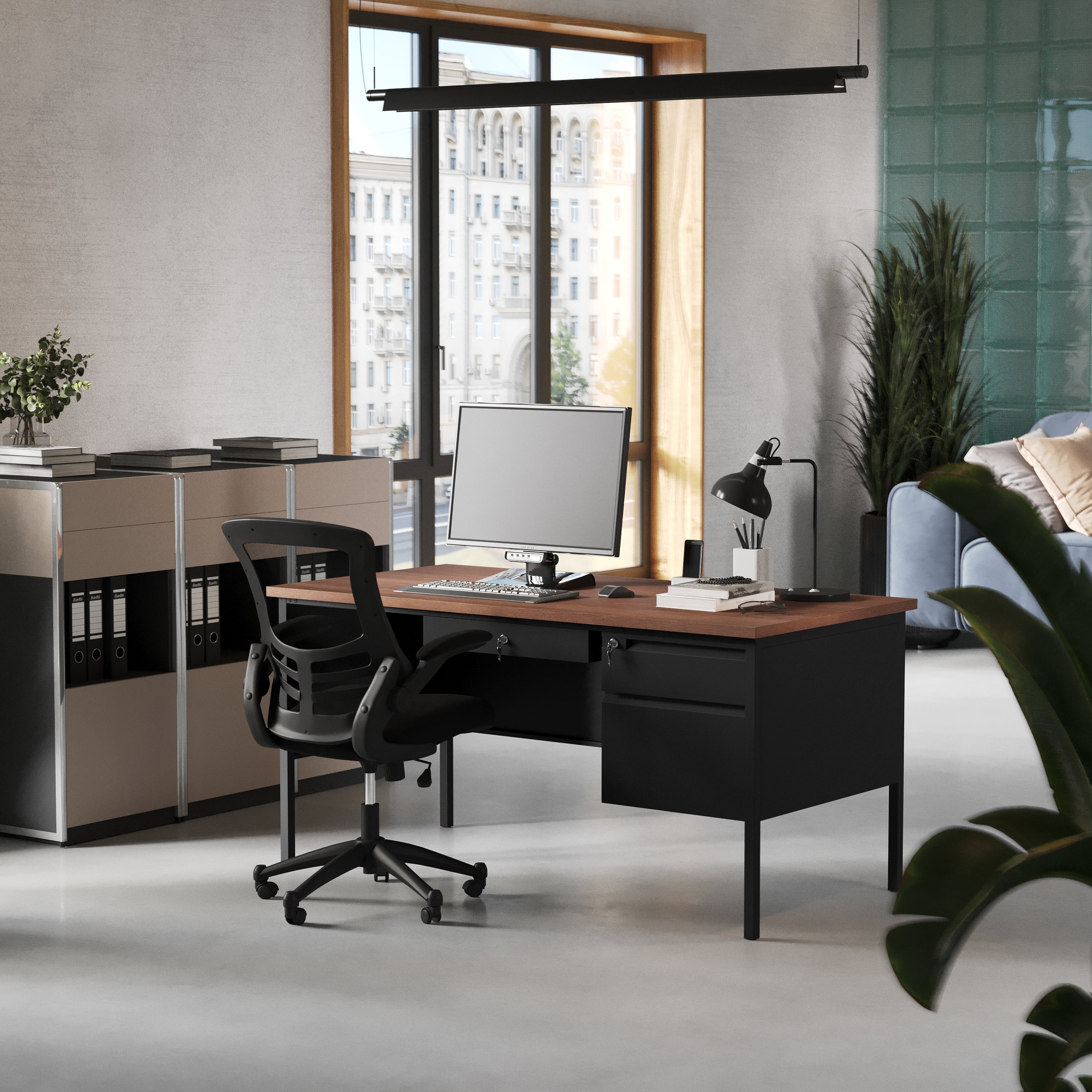 Cambridge Commercial Grade 30x60 Right Side Single Pedestal Desk with 3 Locking Drawers, Walnut Top and Black Frame