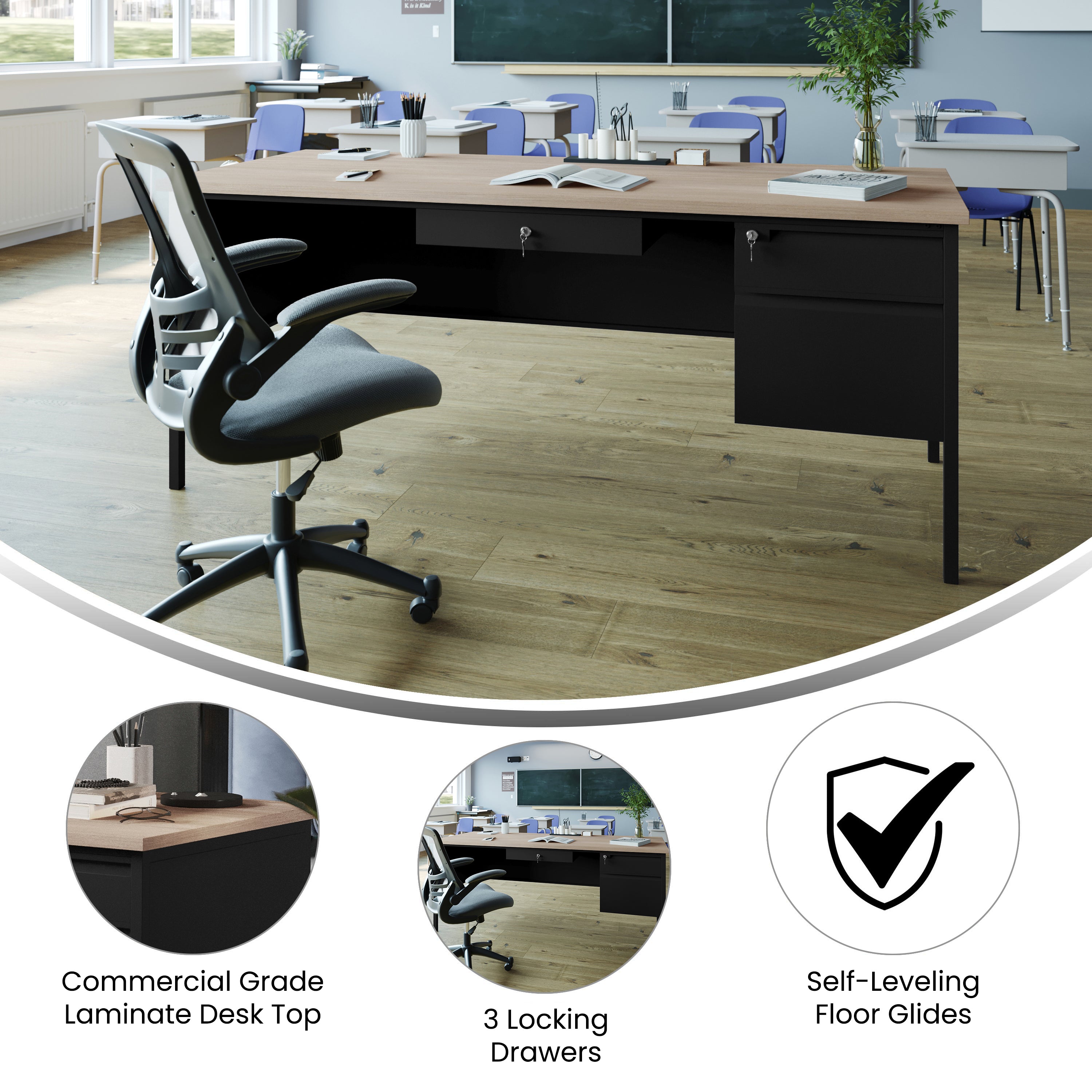 Cambridge Commercial Grade 30x70 Right Side Single Pedestal Desk with 3 Locking Drawers, White Oak Top and Black Frame