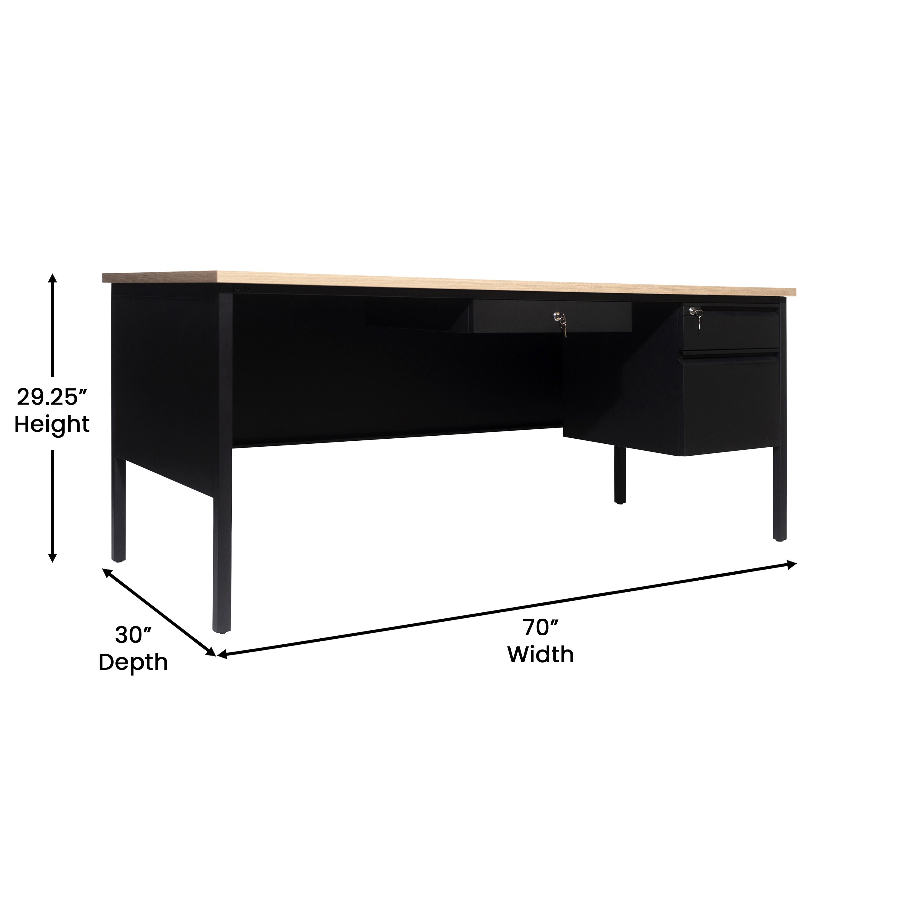 Cambridge Commercial Grade 30x70 Right Side Single Pedestal Desk with 3 Locking Drawers, White Oak Top and Black Frame