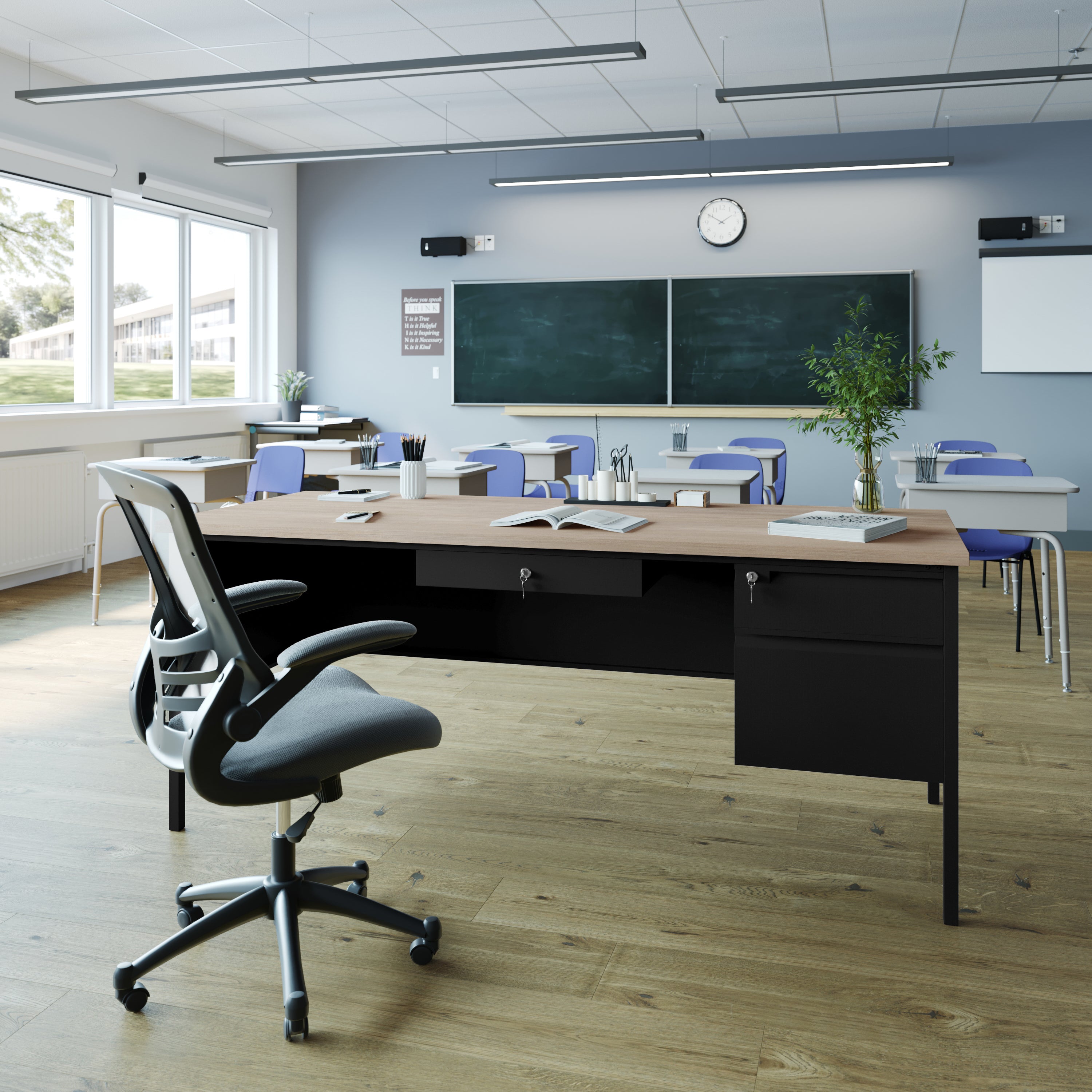 Cambridge Commercial Grade 30x70 Right Side Single Pedestal Desk with 3 Locking Drawers, White Oak Top and Black Frame