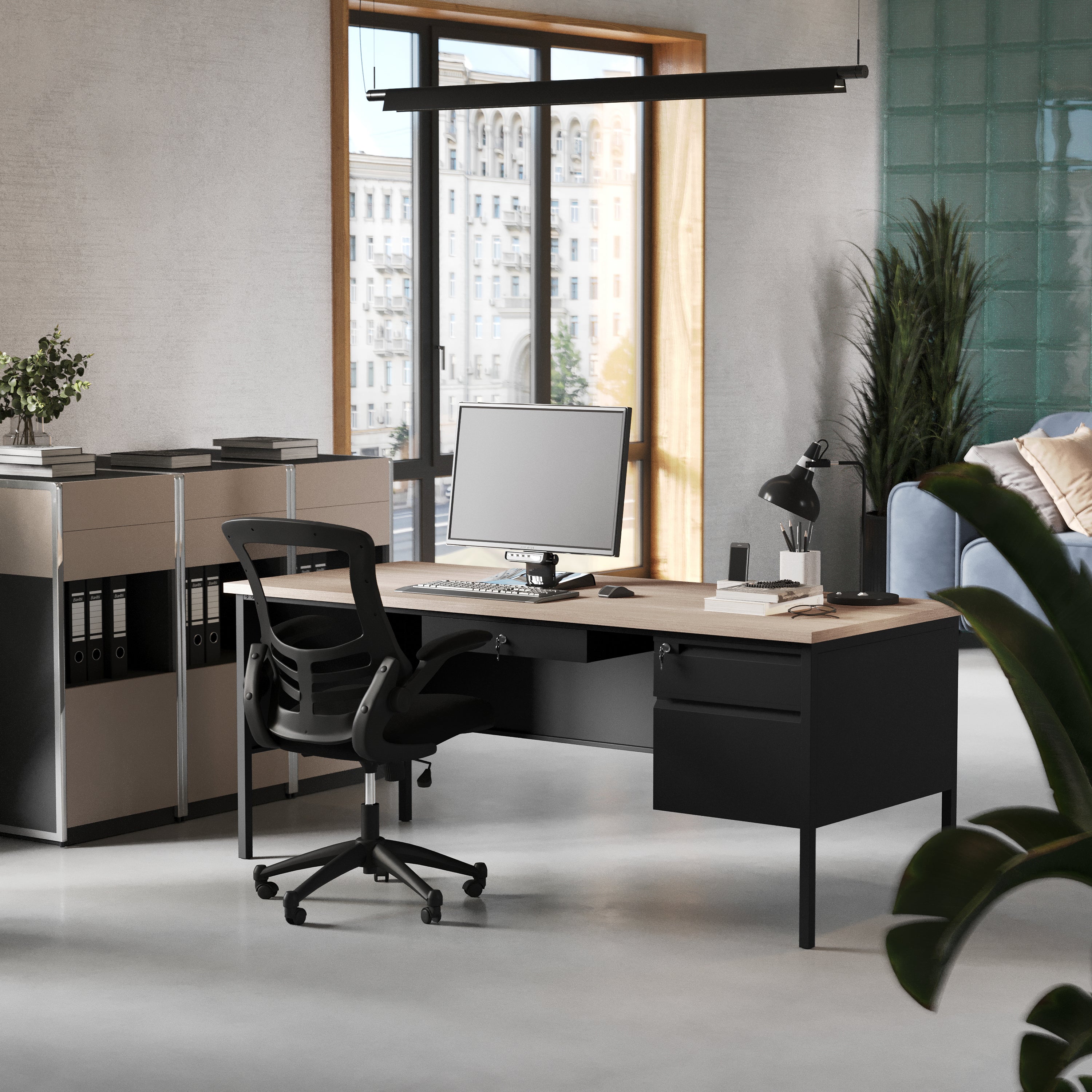 Cambridge Commercial Grade 30x70 Right Side Single Pedestal Desk with 3 Locking Drawers, White Oak Top and Black Frame