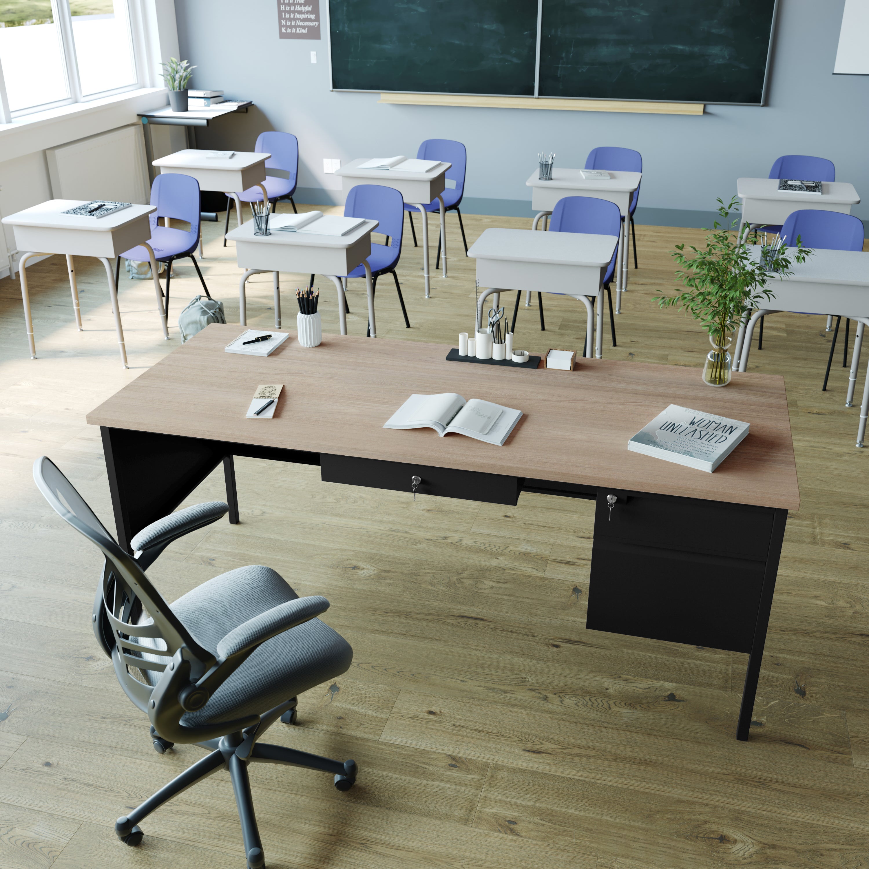 Cambridge Commercial Grade 30x70 Right Side Single Pedestal Desk with 3 Locking Drawers, White Oak Top and Black Frame