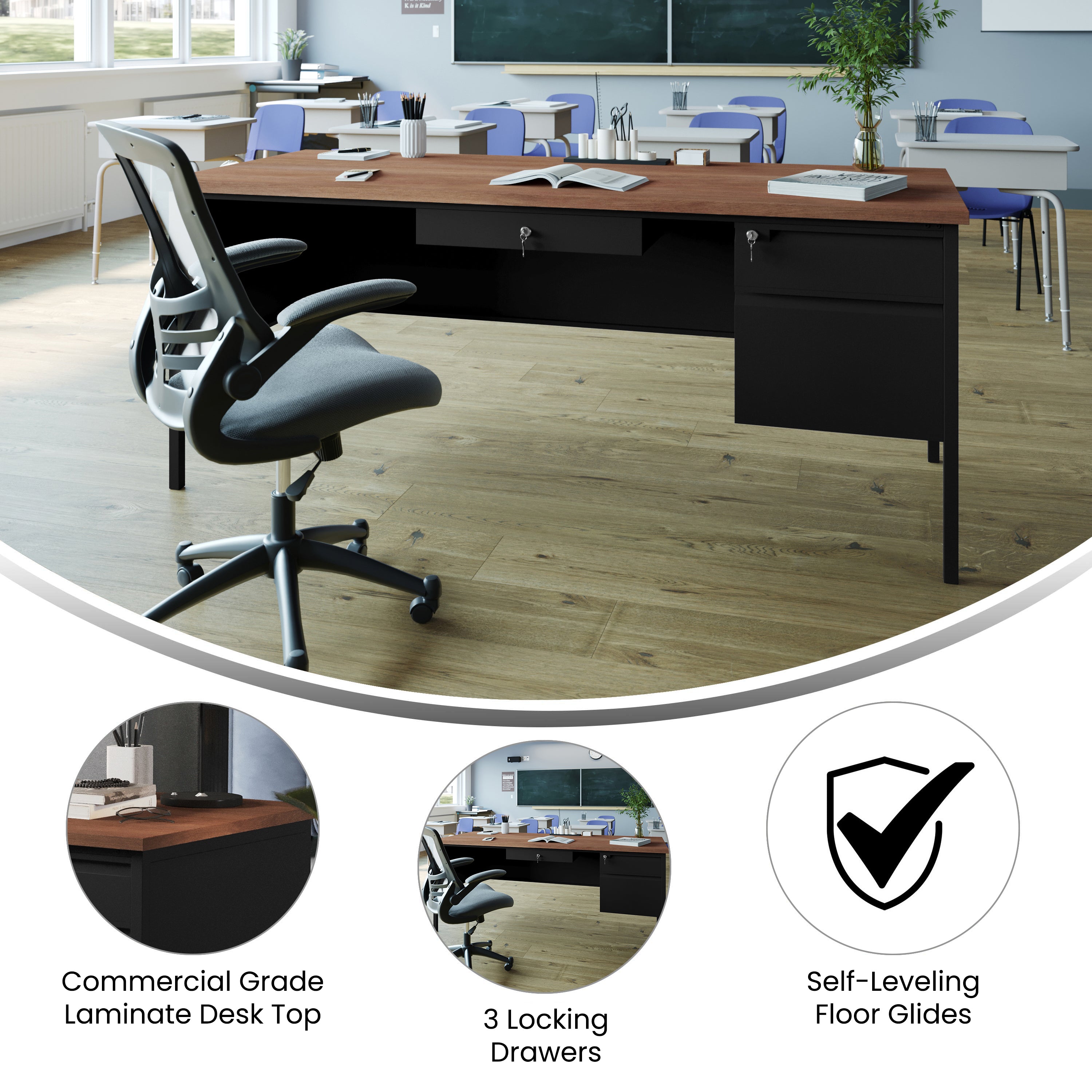Cambridge Commercial Grade 30x70 Right Side Single Pedestal Desk with 3 Locking Drawers, Walnut Top and Black Frame