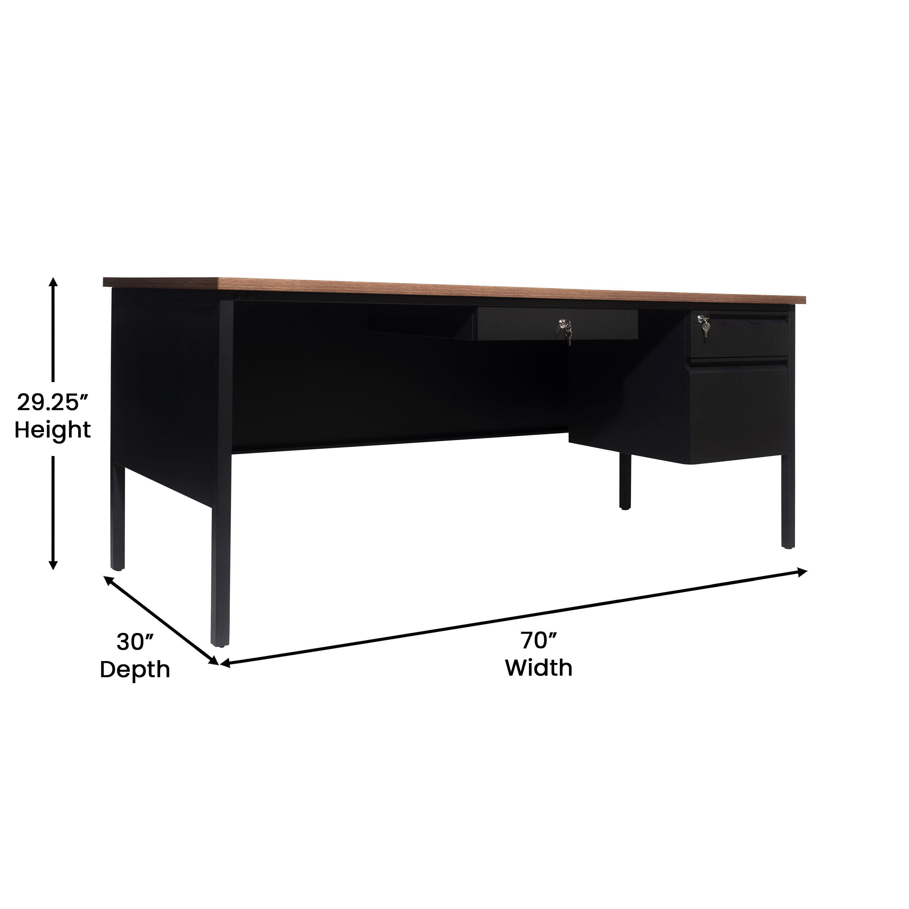 Cambridge Commercial Grade 30x70 Right Side Single Pedestal Desk with 3 Locking Drawers, Walnut Top and Black Frame
