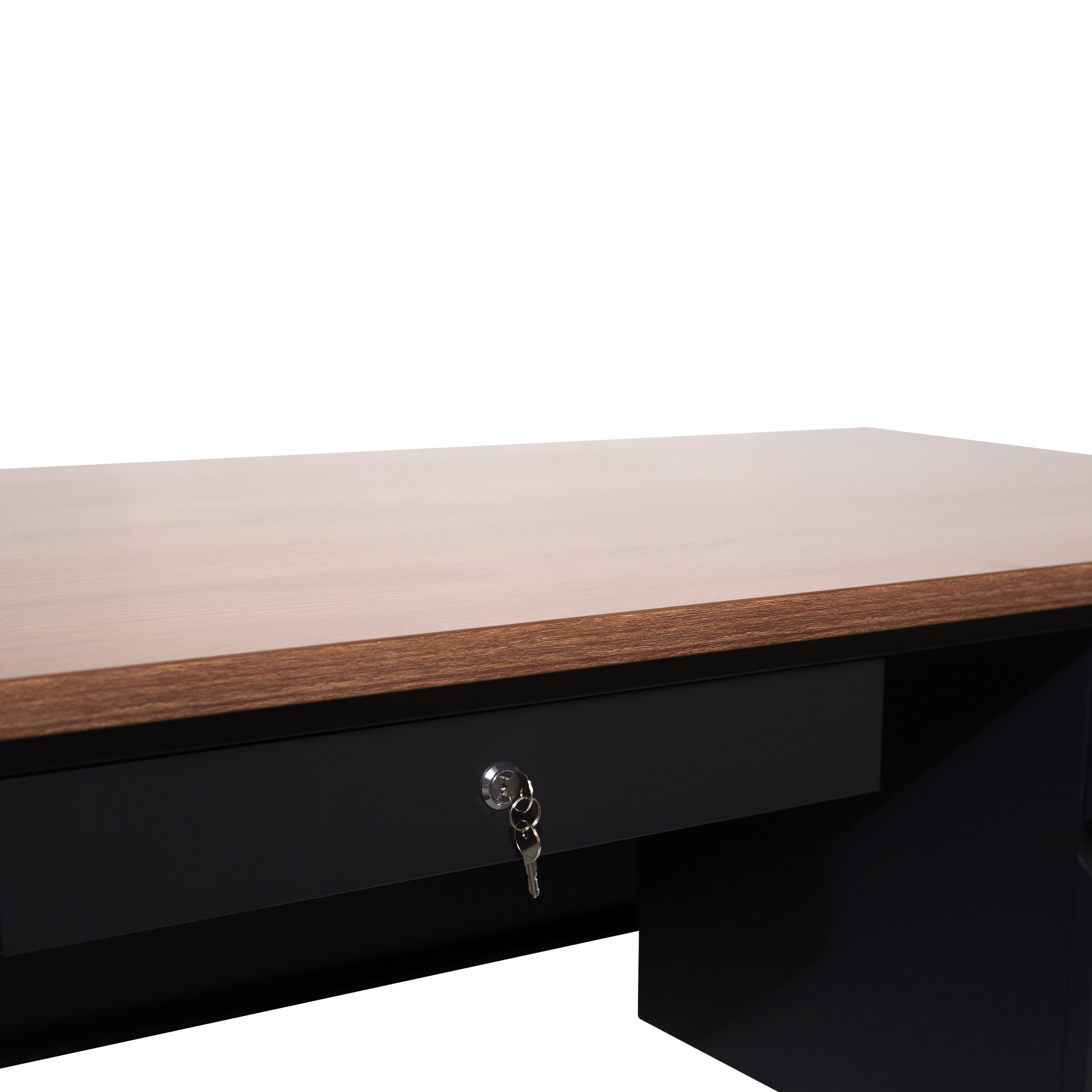 Cambridge Commercial Grade 30x70 Right Side Single Pedestal Desk with 3 Locking Drawers, Walnut Top and Black Frame