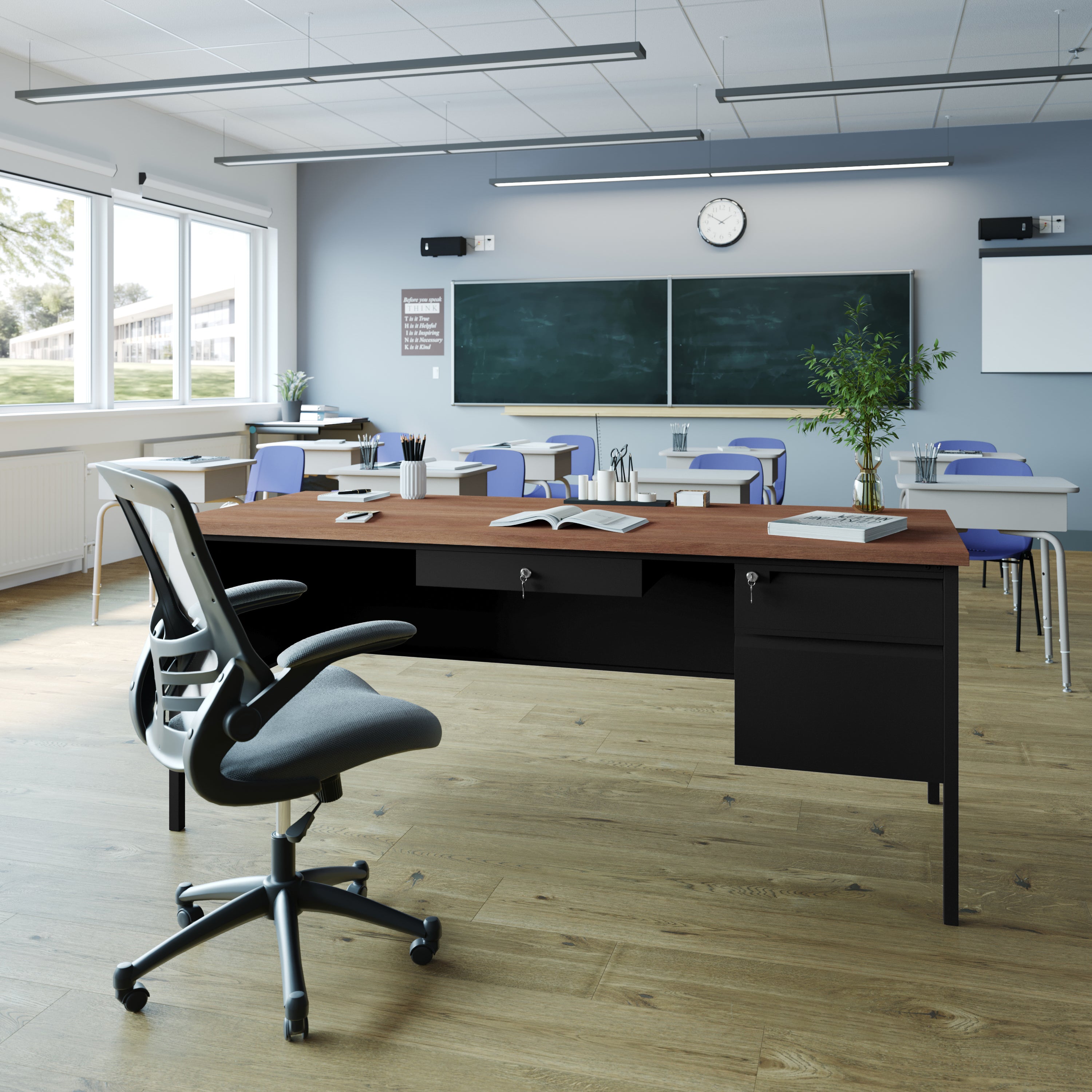Cambridge Commercial Grade 30x70 Right Side Single Pedestal Desk with 3 Locking Drawers, Walnut Top and Black Frame