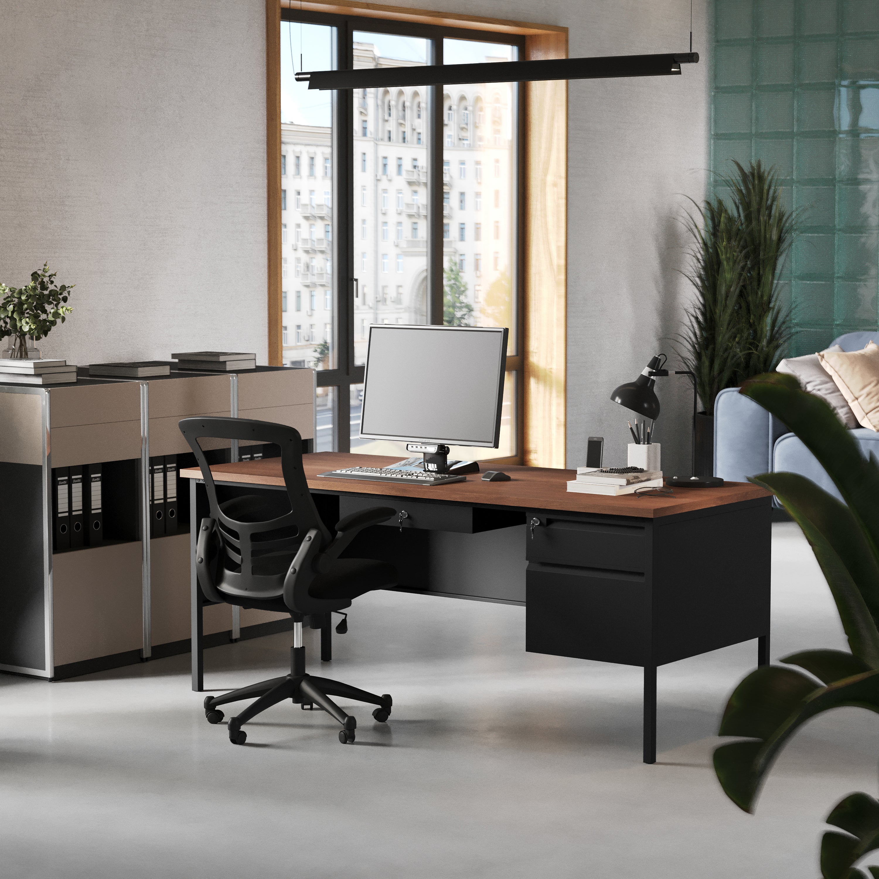 Cambridge Commercial Grade 30x70 Right Side Single Pedestal Desk with 3 Locking Drawers, Walnut Top and Black Frame