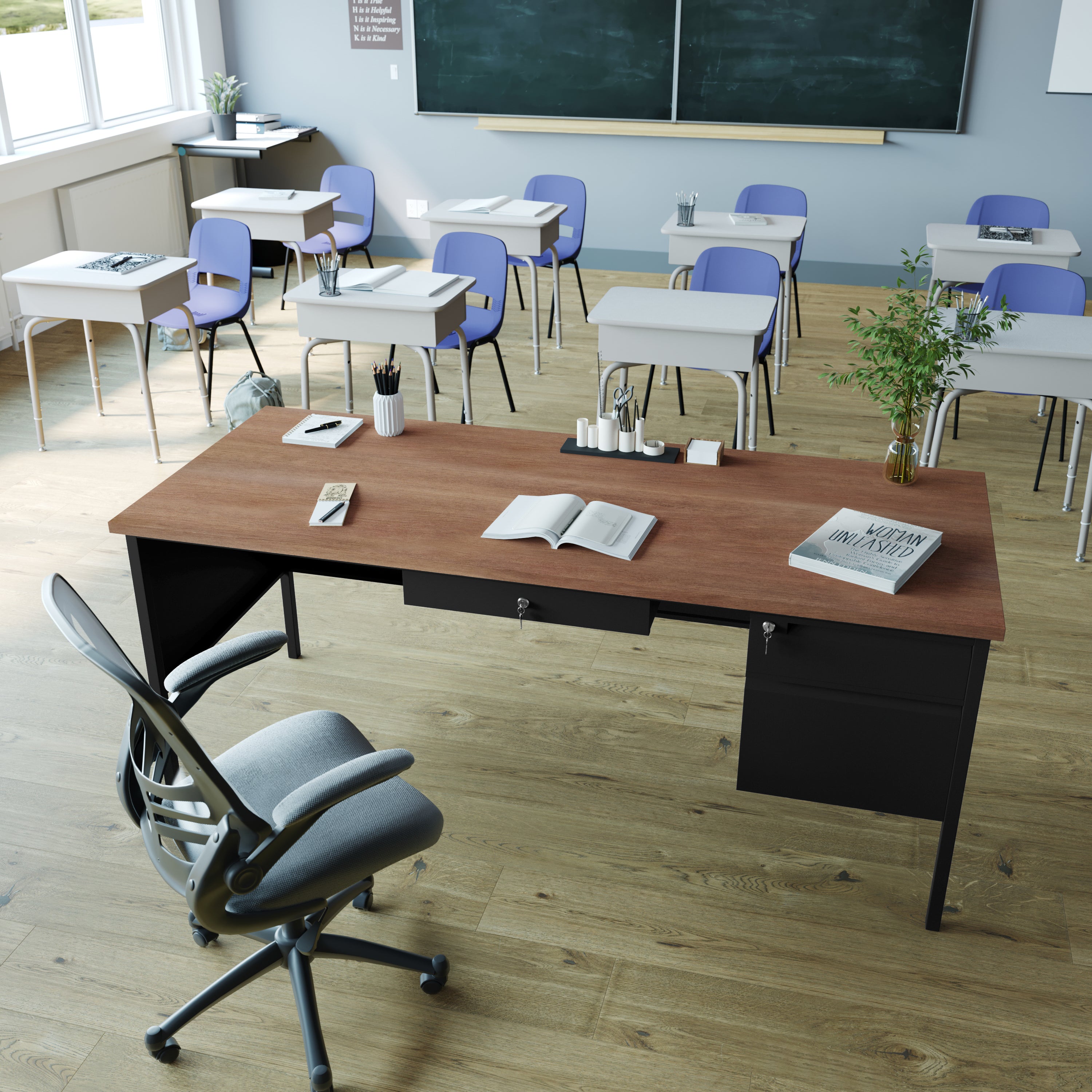 Cambridge Commercial Grade 30x70 Right Side Single Pedestal Desk with 3 Locking Drawers, Walnut Top and Black Frame