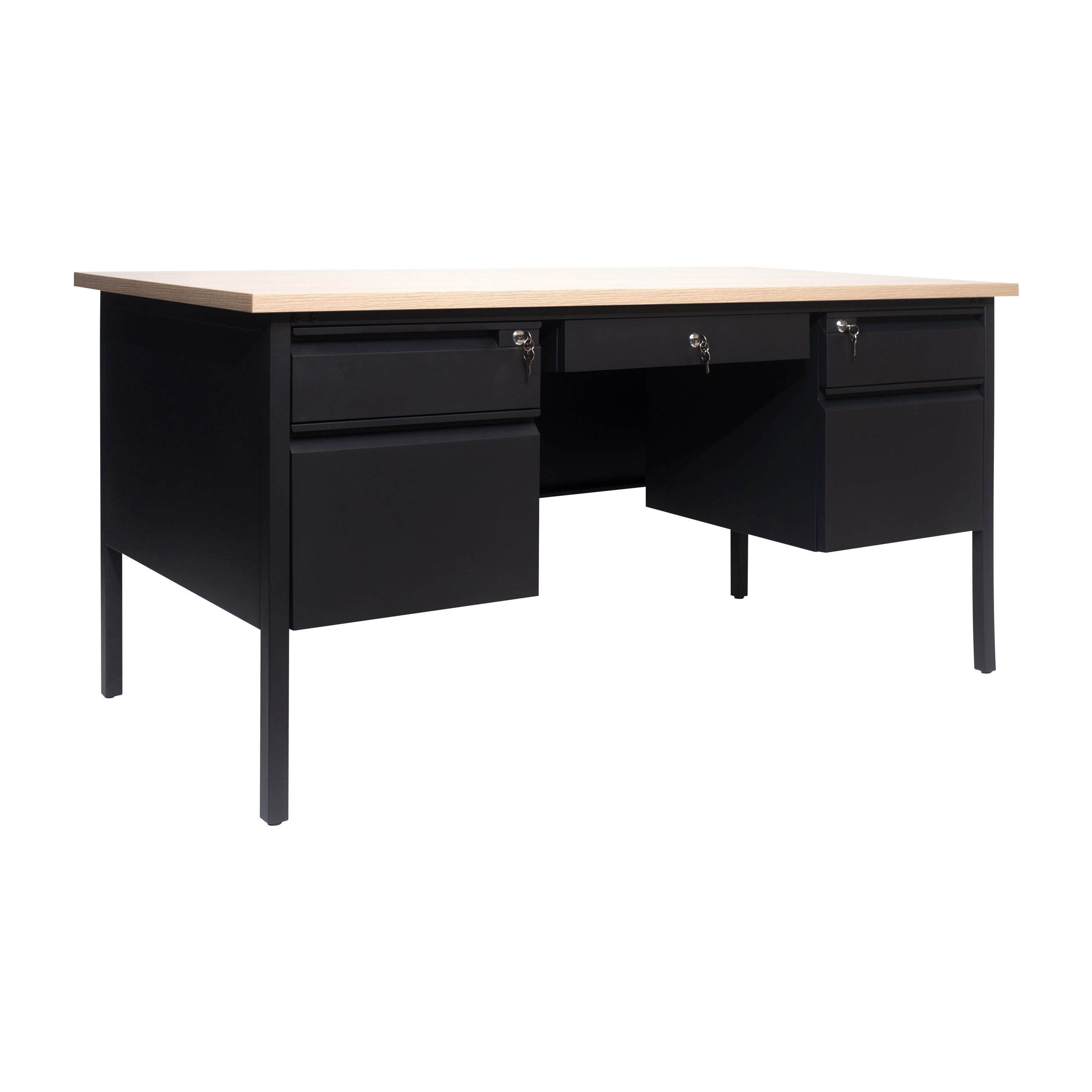 Cambridge Commercial Grade 30x60 Double Pedestal Desk with 5 Locking Drawers, White Oak Top and Black Frame