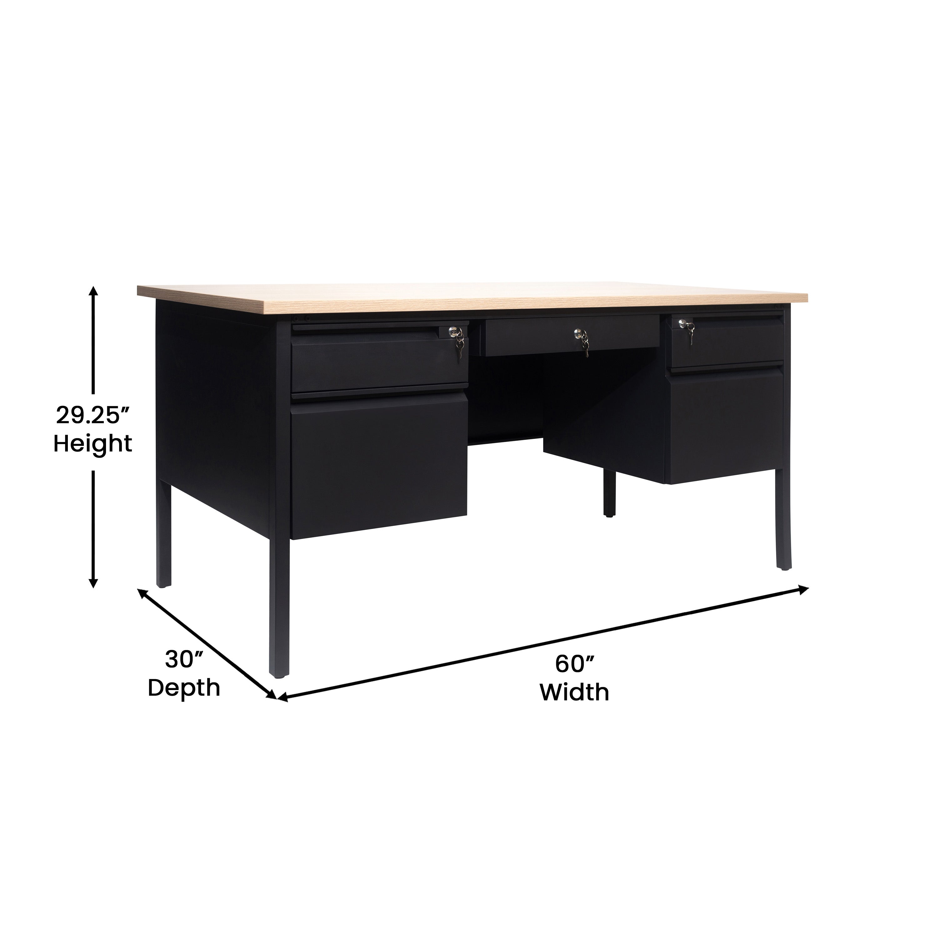 Cambridge Commercial Grade 30x60 Double Pedestal Desk with 5 Locking Drawers, White Oak Top and Black Frame