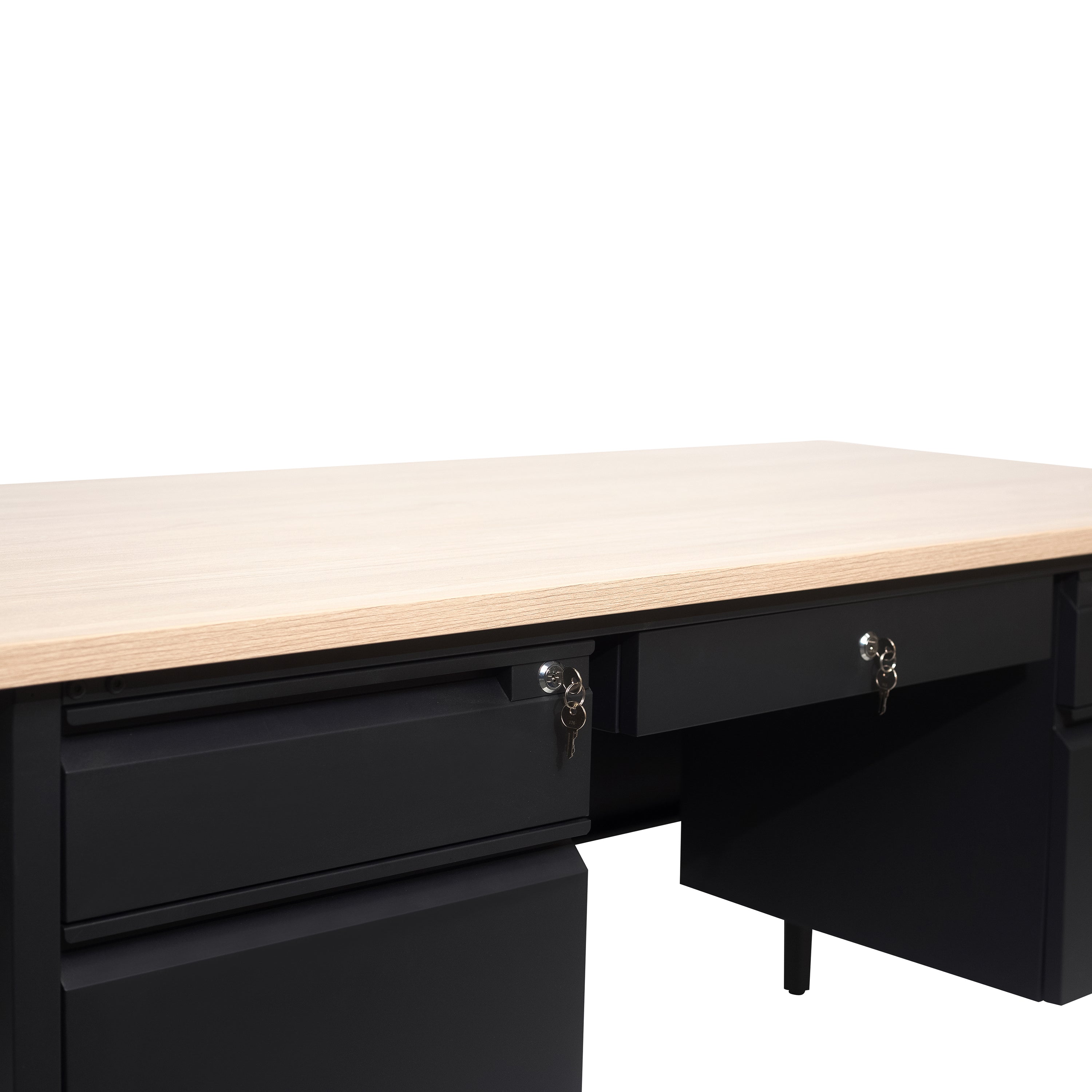 Cambridge Commercial Grade 30x60 Double Pedestal Desk with 5 Locking Drawers, White Oak Top and Black Frame