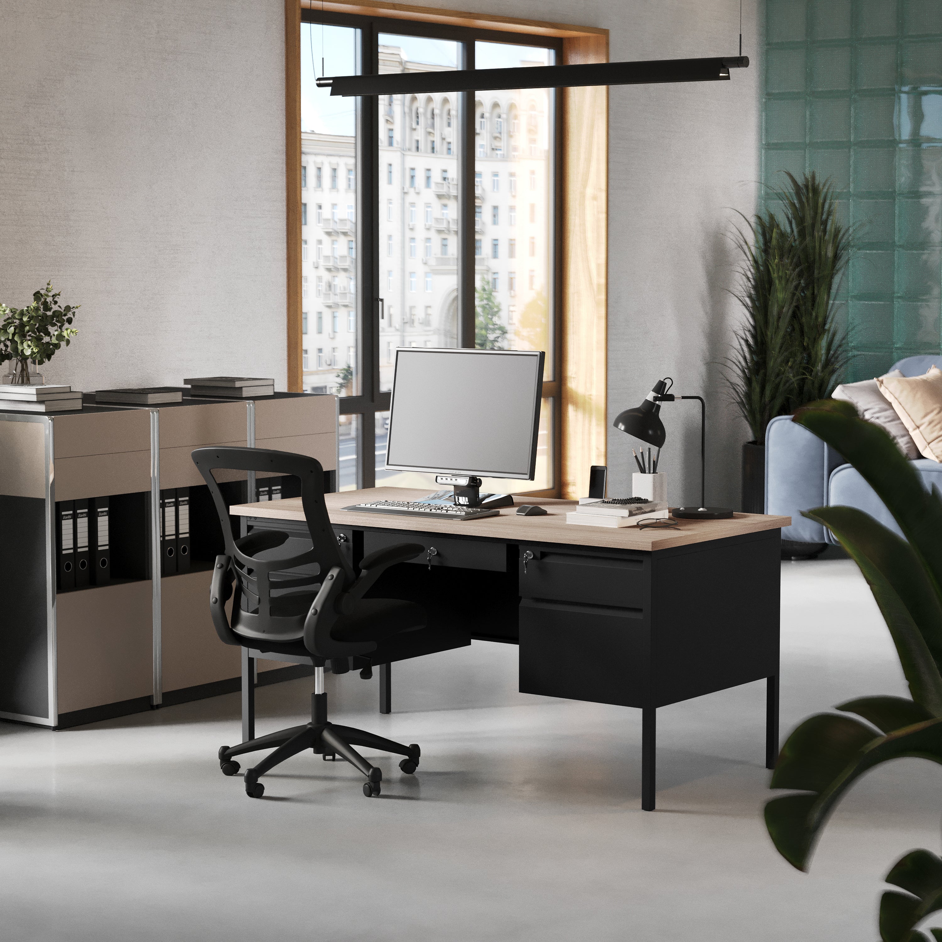 Cambridge Commercial Grade 30x60 Double Pedestal Desk with 5 Locking Drawers, White Oak Top and Black Frame