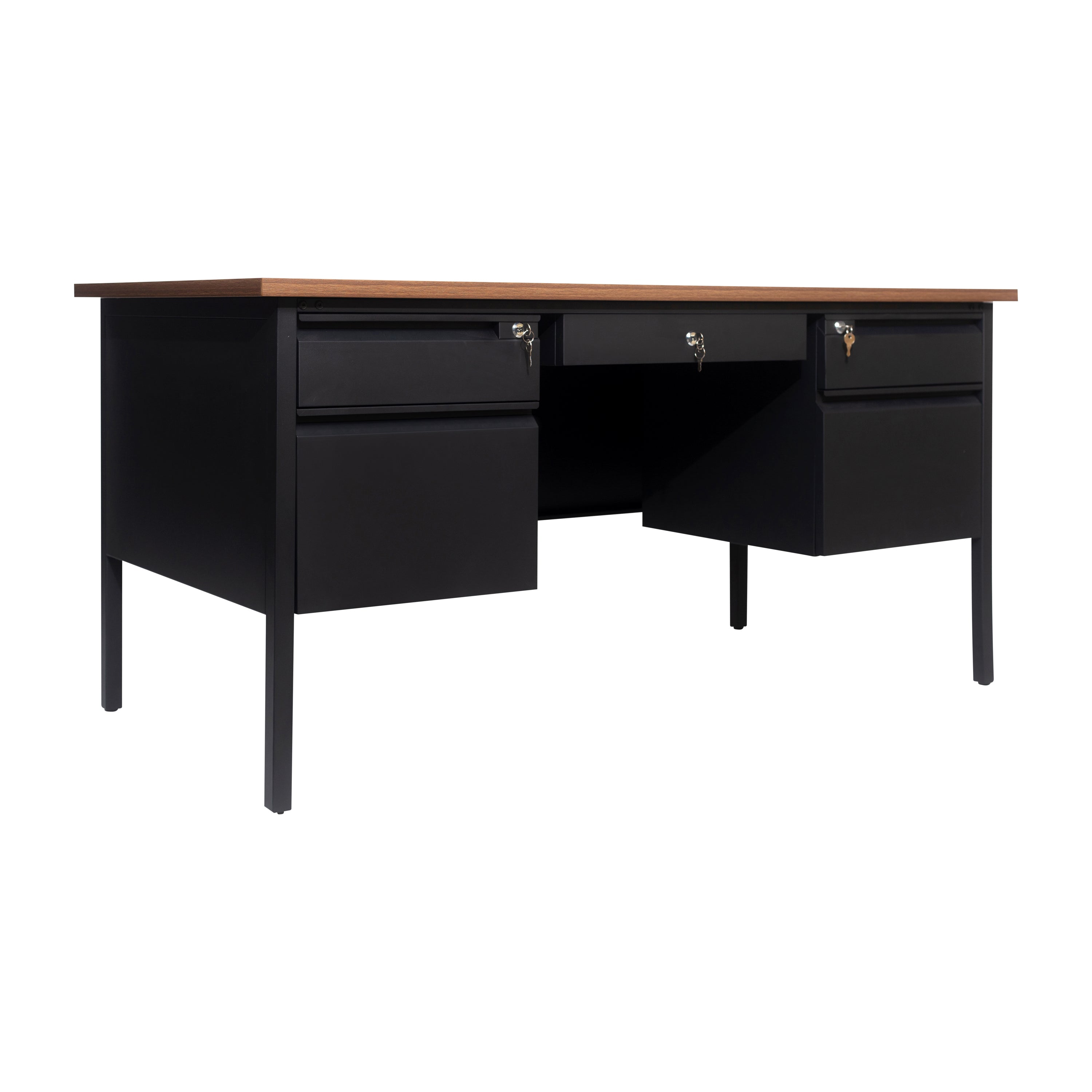 Cambridge Commercial Grade 30x60 Double Pedestal Desk with 5 Locking Drawers, Walnut Top and Black Frame