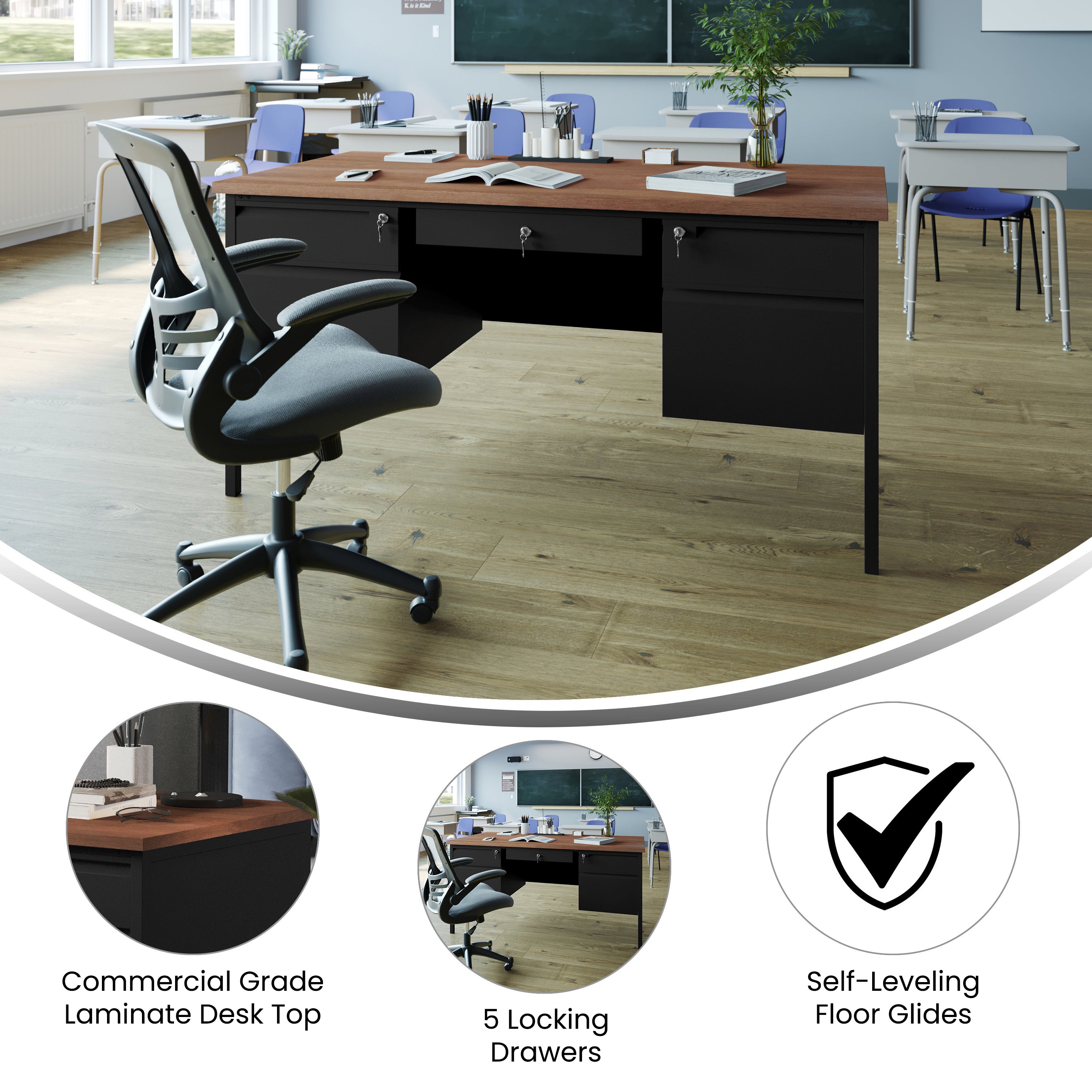 Cambridge Commercial Grade 30x60 Double Pedestal Desk with 5 Locking Drawers, Walnut Top and Black Frame
