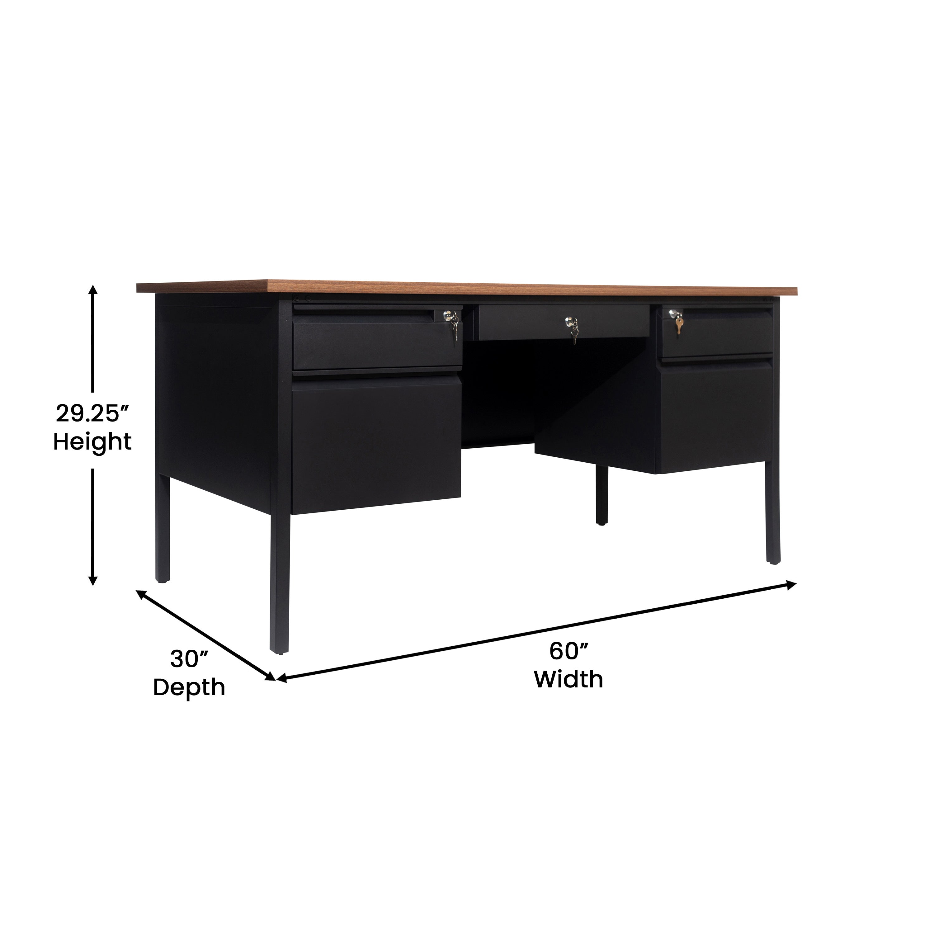 Cambridge Commercial Grade 30x60 Double Pedestal Desk with 5 Locking Drawers, Walnut Top and Black Frame