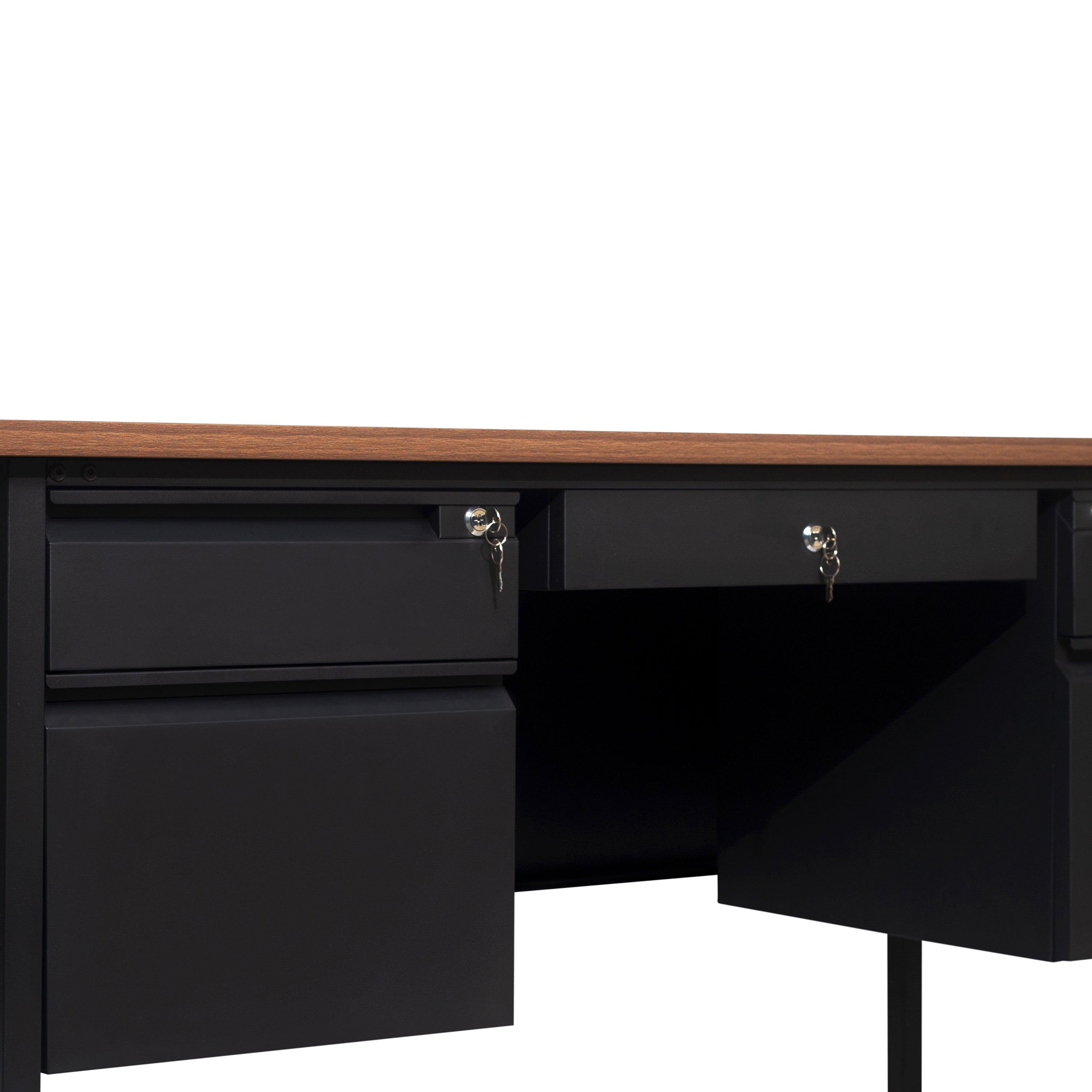 Cambridge Commercial Grade 30x60 Double Pedestal Desk with 5 Locking Drawers, Walnut Top and Black Frame