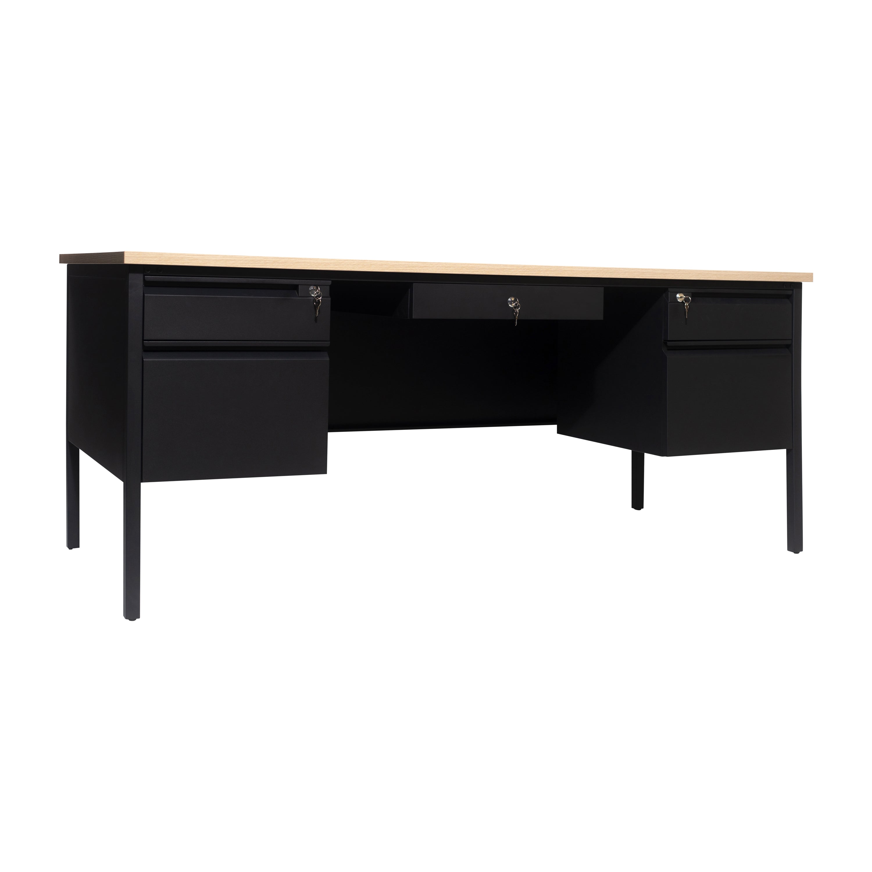 Cambridge Commercial Grade 30x70 Double Pedestal Desk with 5 Locking Drawers, White Oak Top and Black Frame