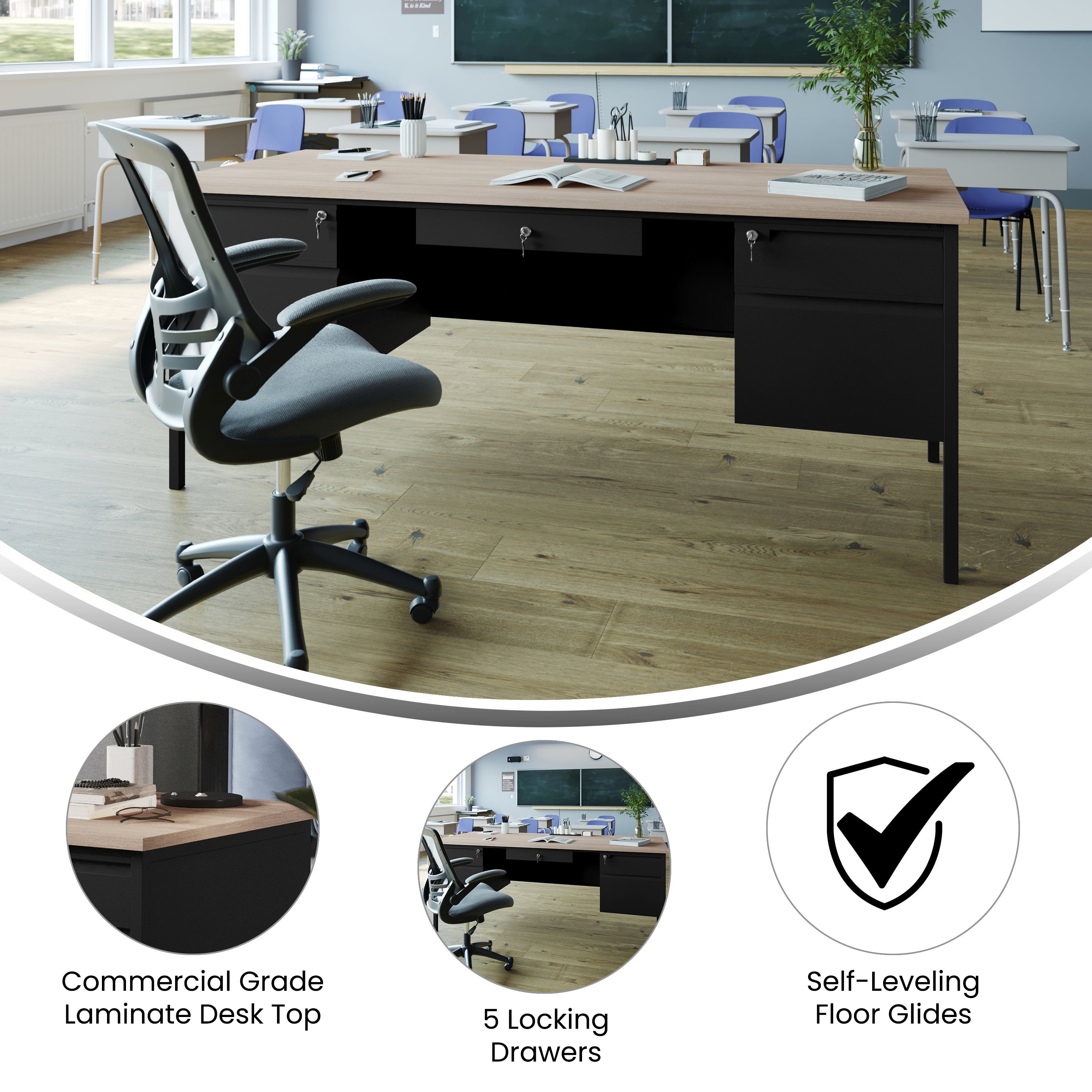 Cambridge Commercial Grade 30x70 Double Pedestal Desk with 5 Locking Drawers, White Oak Top and Black Frame