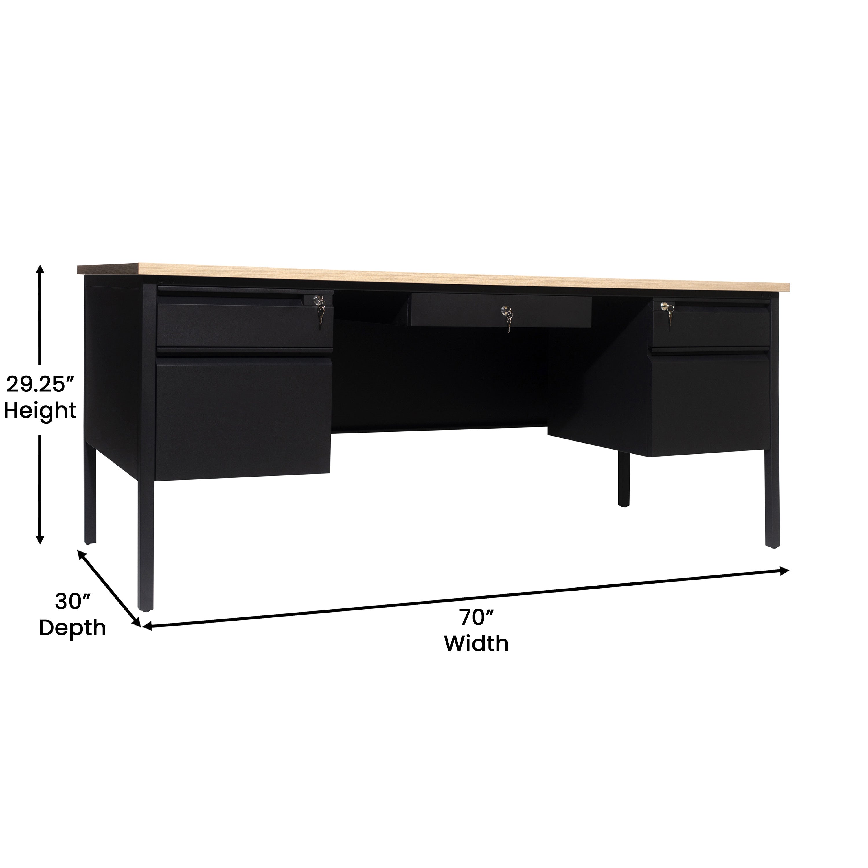 Cambridge Commercial Grade 30x70 Double Pedestal Desk with 5 Locking Drawers, White Oak Top and Black Frame
