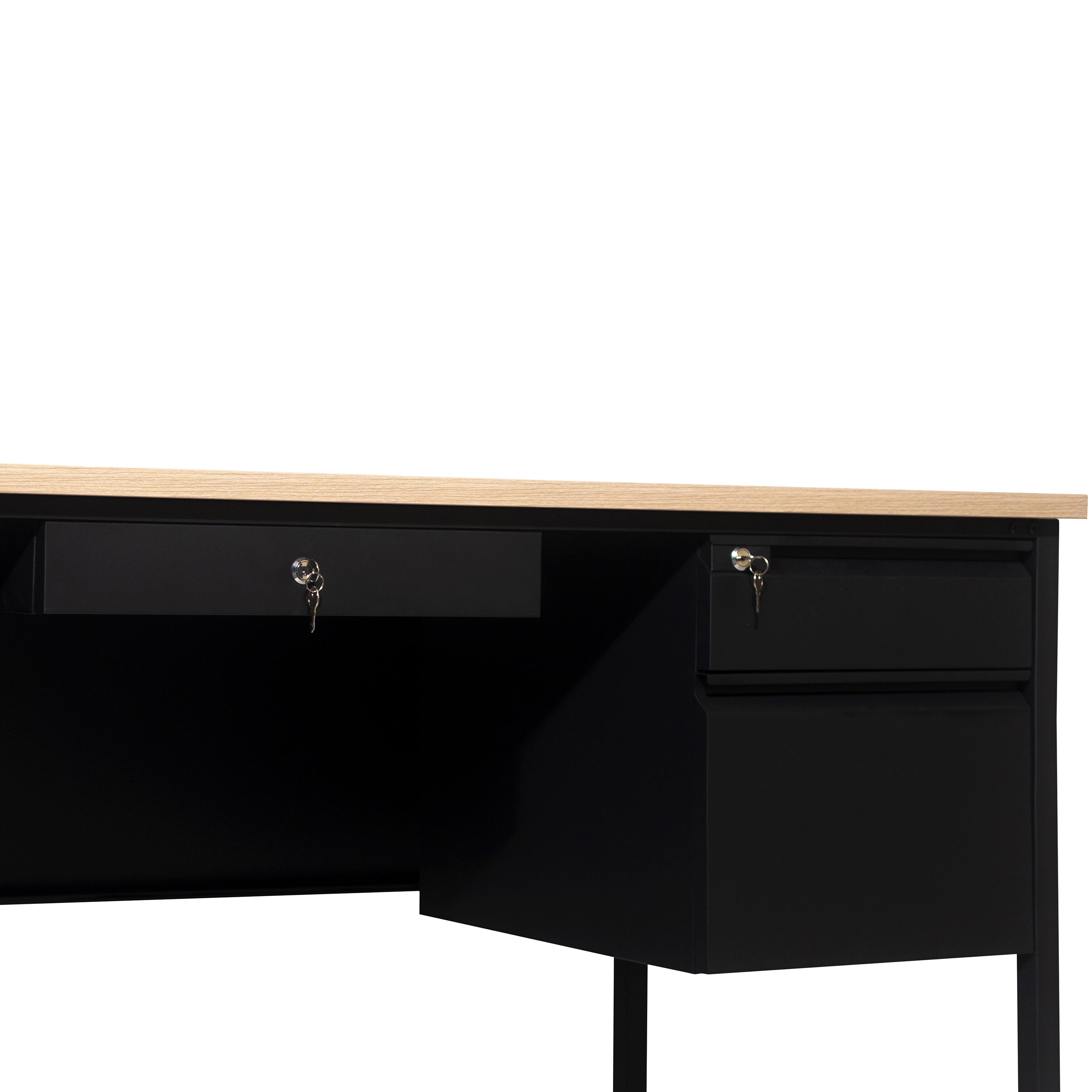 Cambridge Commercial Grade 30x70 Double Pedestal Desk with 5 Locking Drawers, White Oak Top and Black Frame