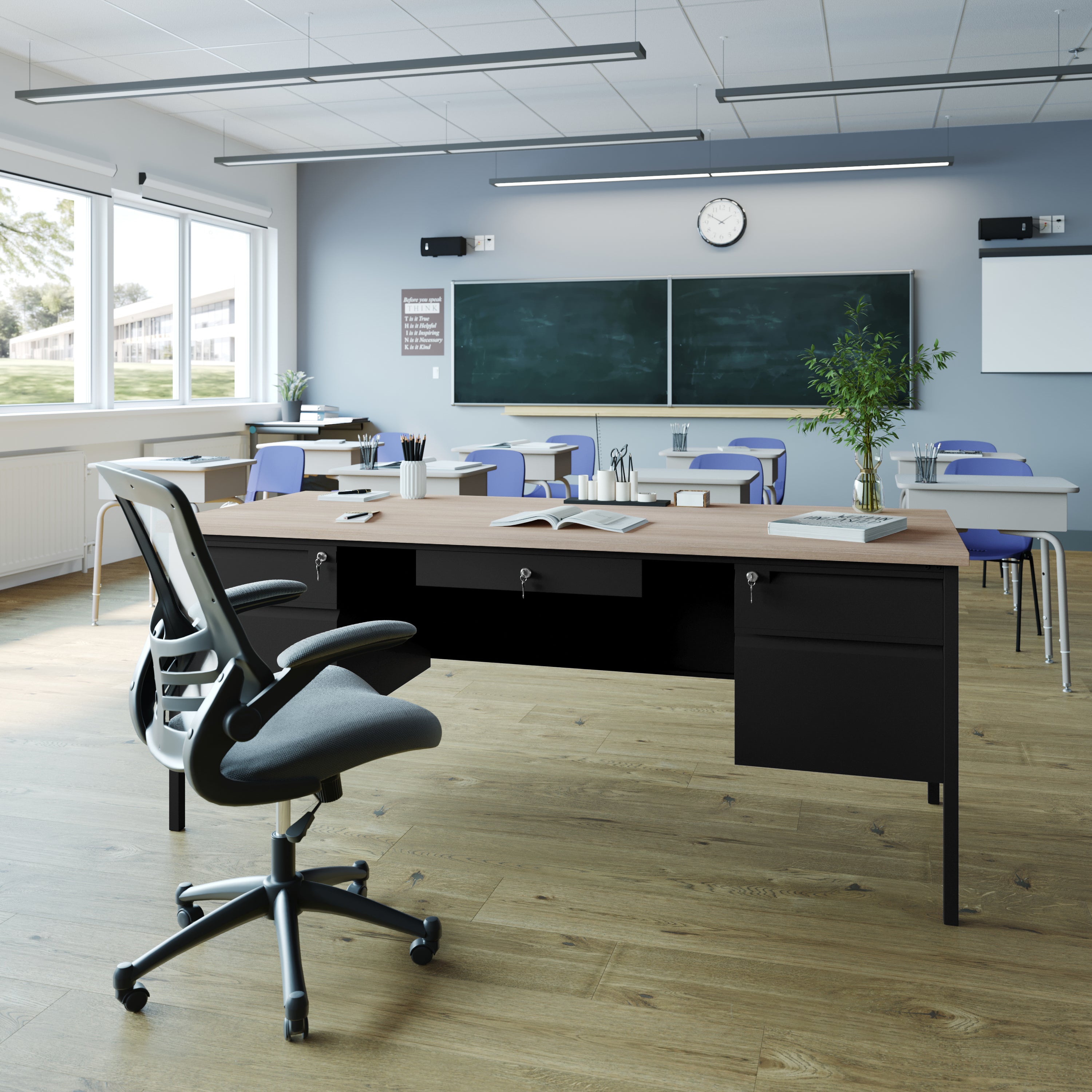 Cambridge Commercial Grade 30x70 Double Pedestal Desk with 5 Locking Drawers, White Oak Top and Black Frame