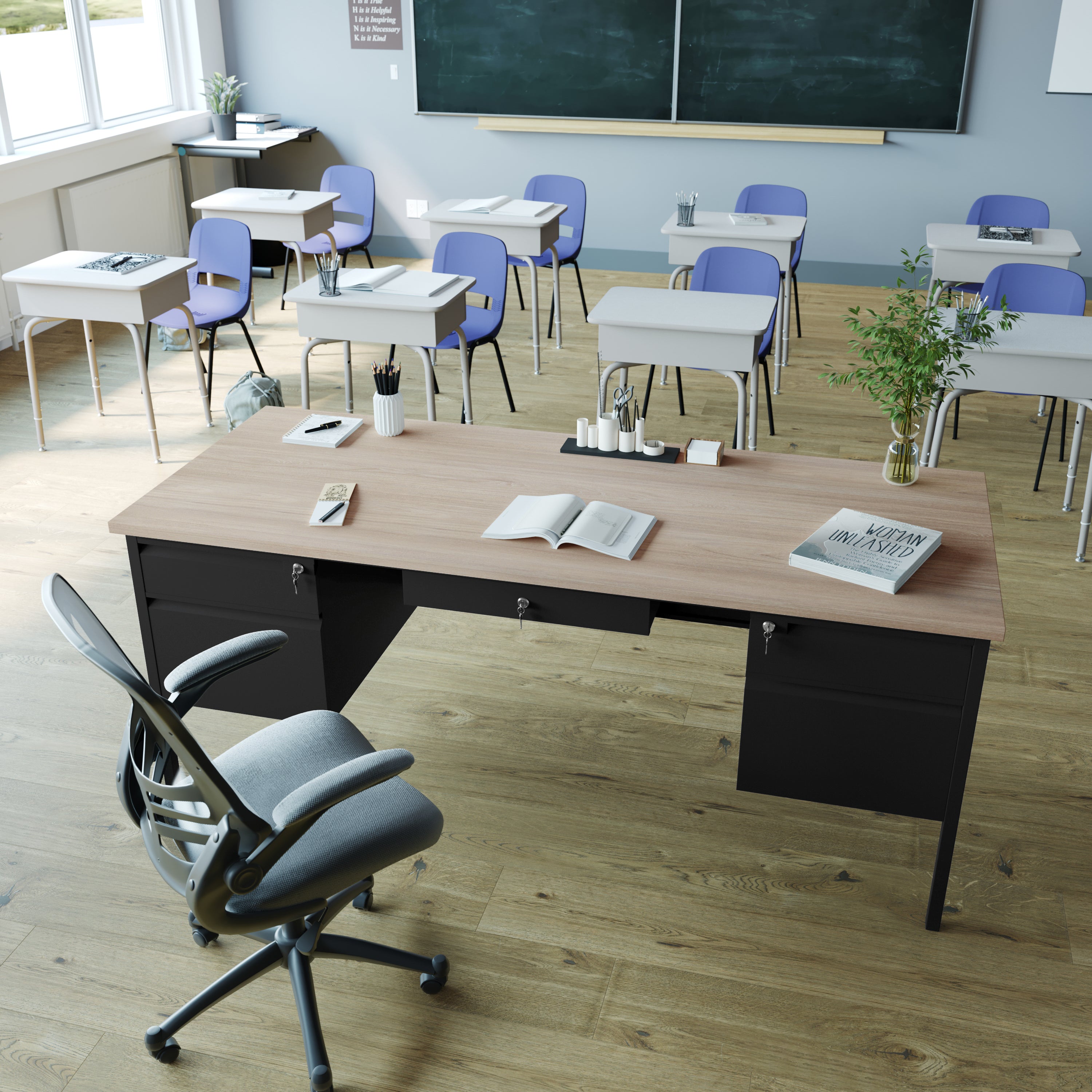 Cambridge Commercial Grade 30x70 Double Pedestal Desk with 5 Locking Drawers, White Oak Top and Black Frame