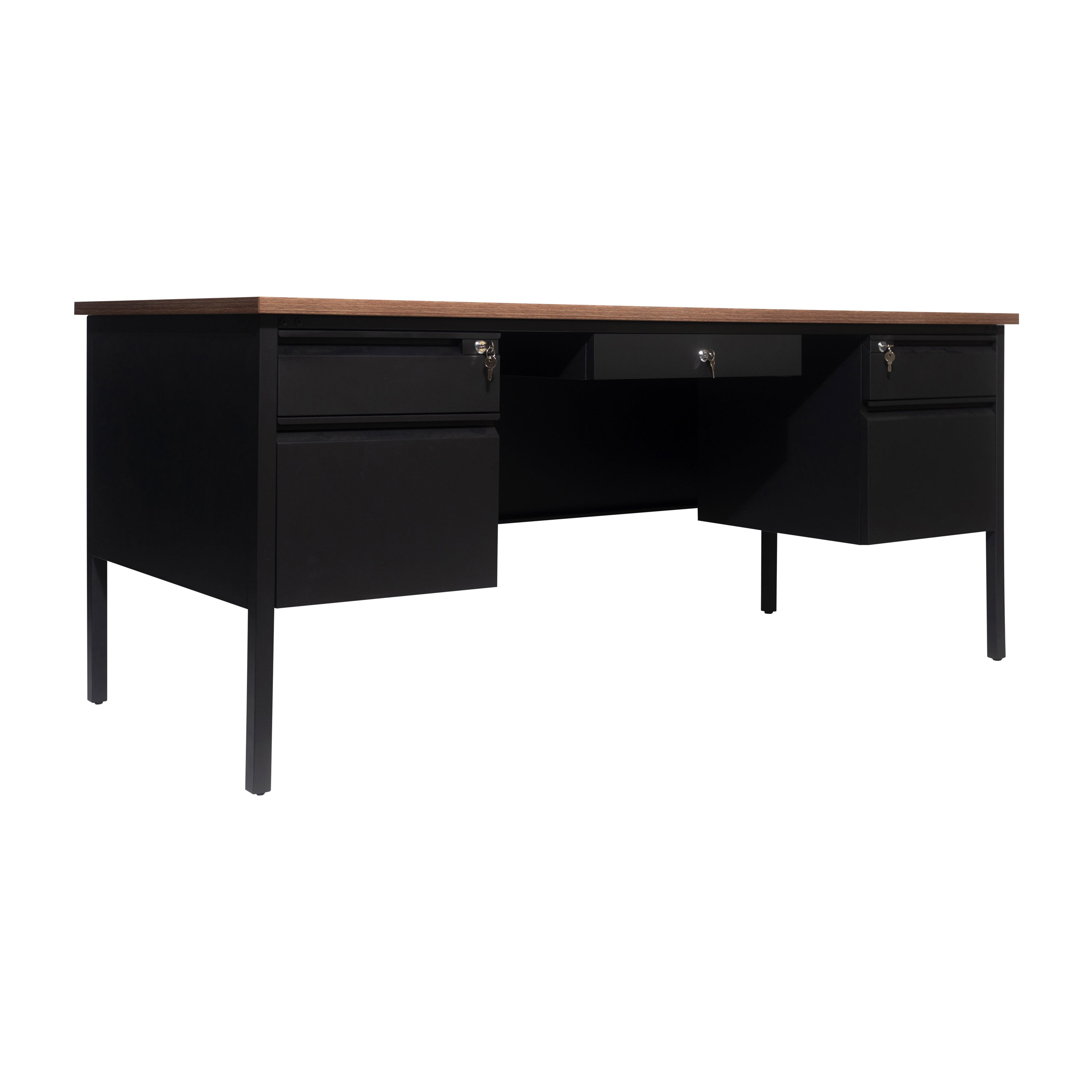 Cambridge Commercial Grade 30x70 Double Pedestal Desk with 5 Locking Drawers, Walnut Top and Black Frame