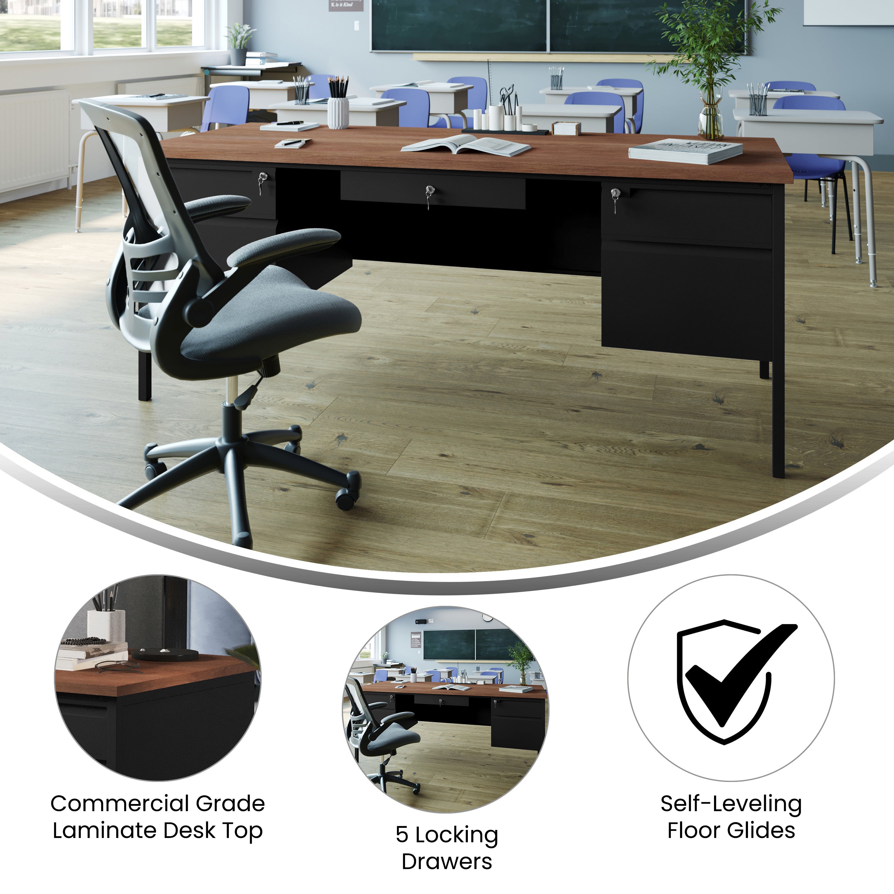 Cambridge Commercial Grade 30x70 Double Pedestal Desk with 5 Locking Drawers, Walnut Top and Black Frame