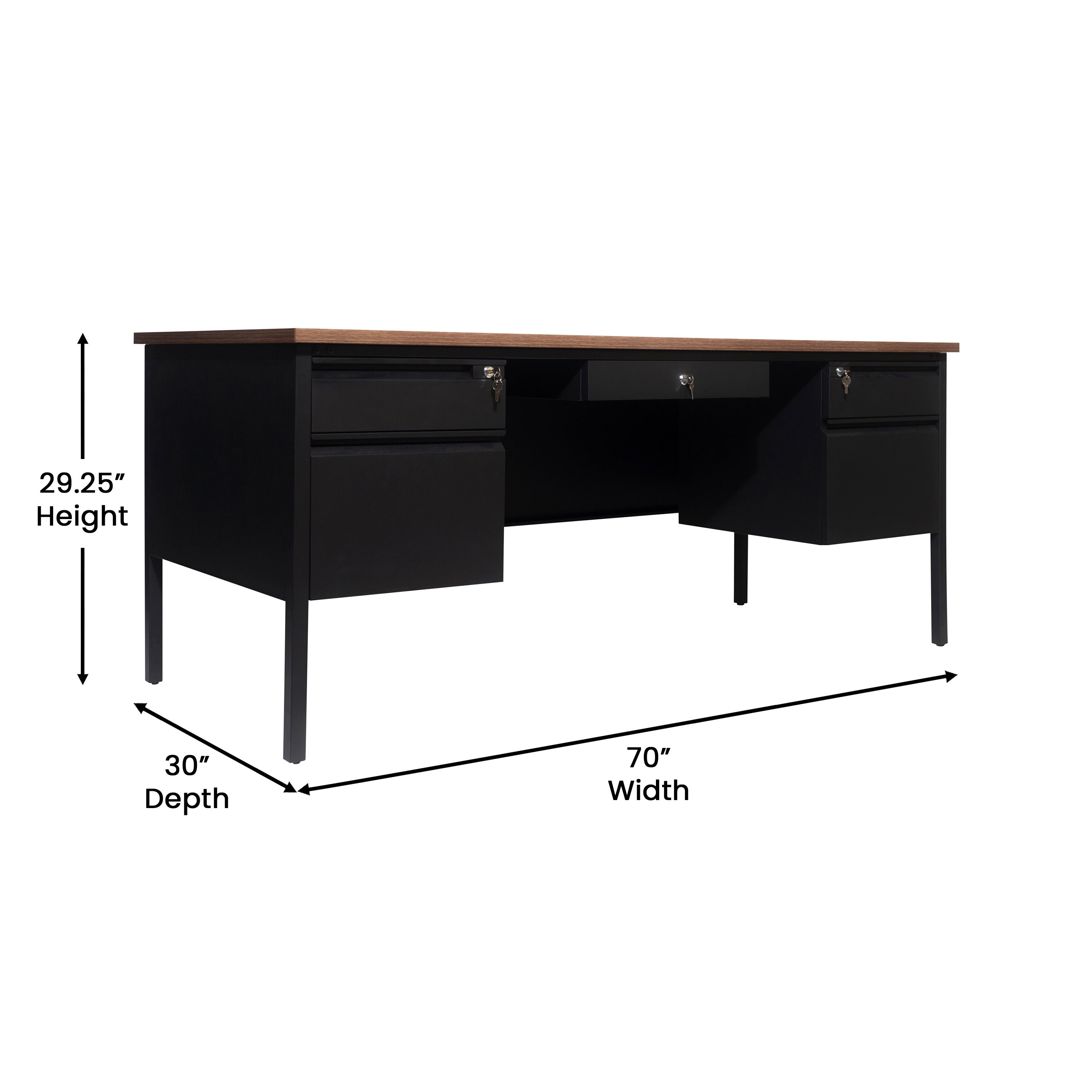 Cambridge Commercial Grade 30x70 Double Pedestal Desk with 5 Locking Drawers, Walnut Top and Black Frame