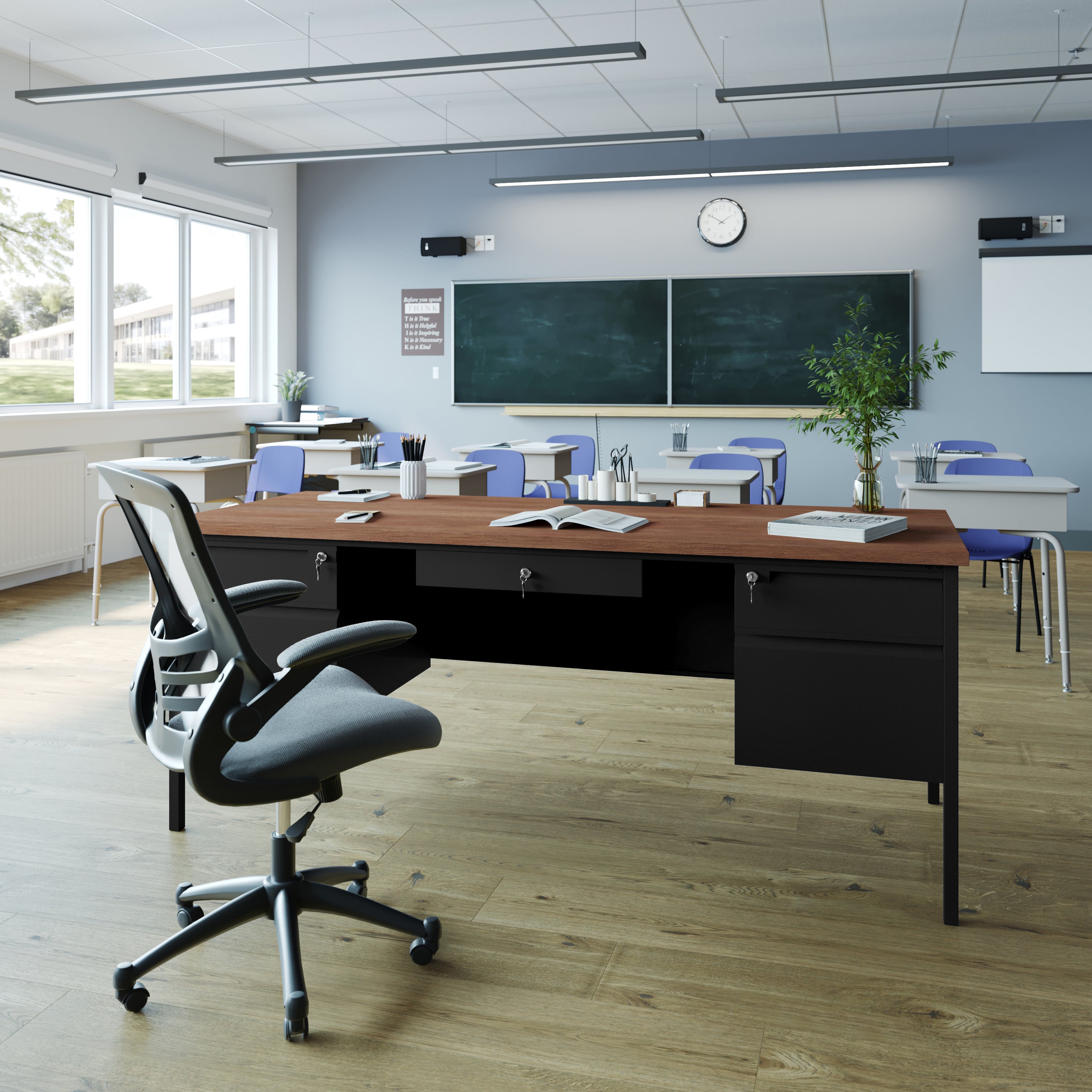 Cambridge Commercial Grade 30x70 Double Pedestal Desk with 5 Locking Drawers, Walnut Top and Black Frame