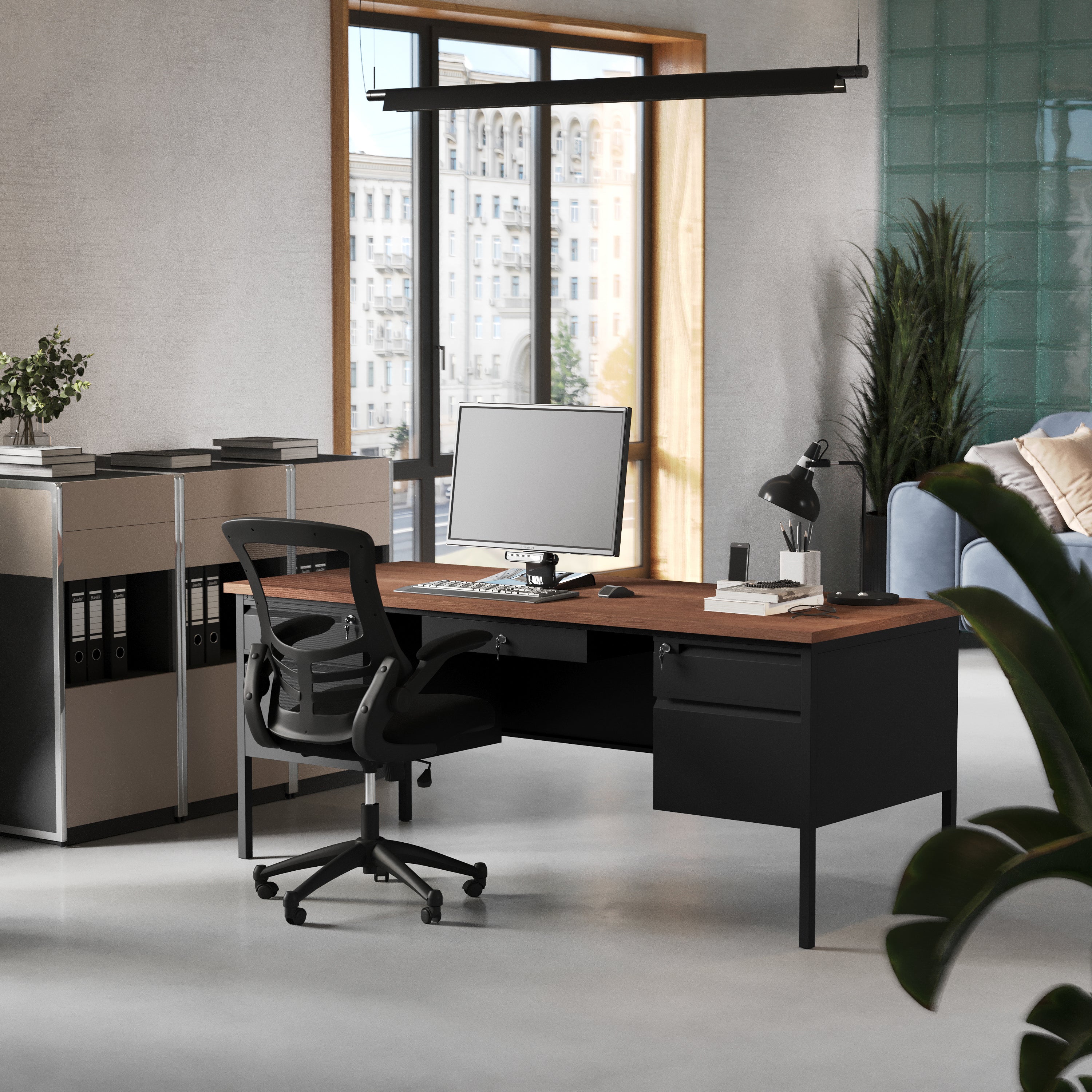 Cambridge Commercial Grade 30x70 Double Pedestal Desk with 5 Locking Drawers, Walnut Top and Black Frame