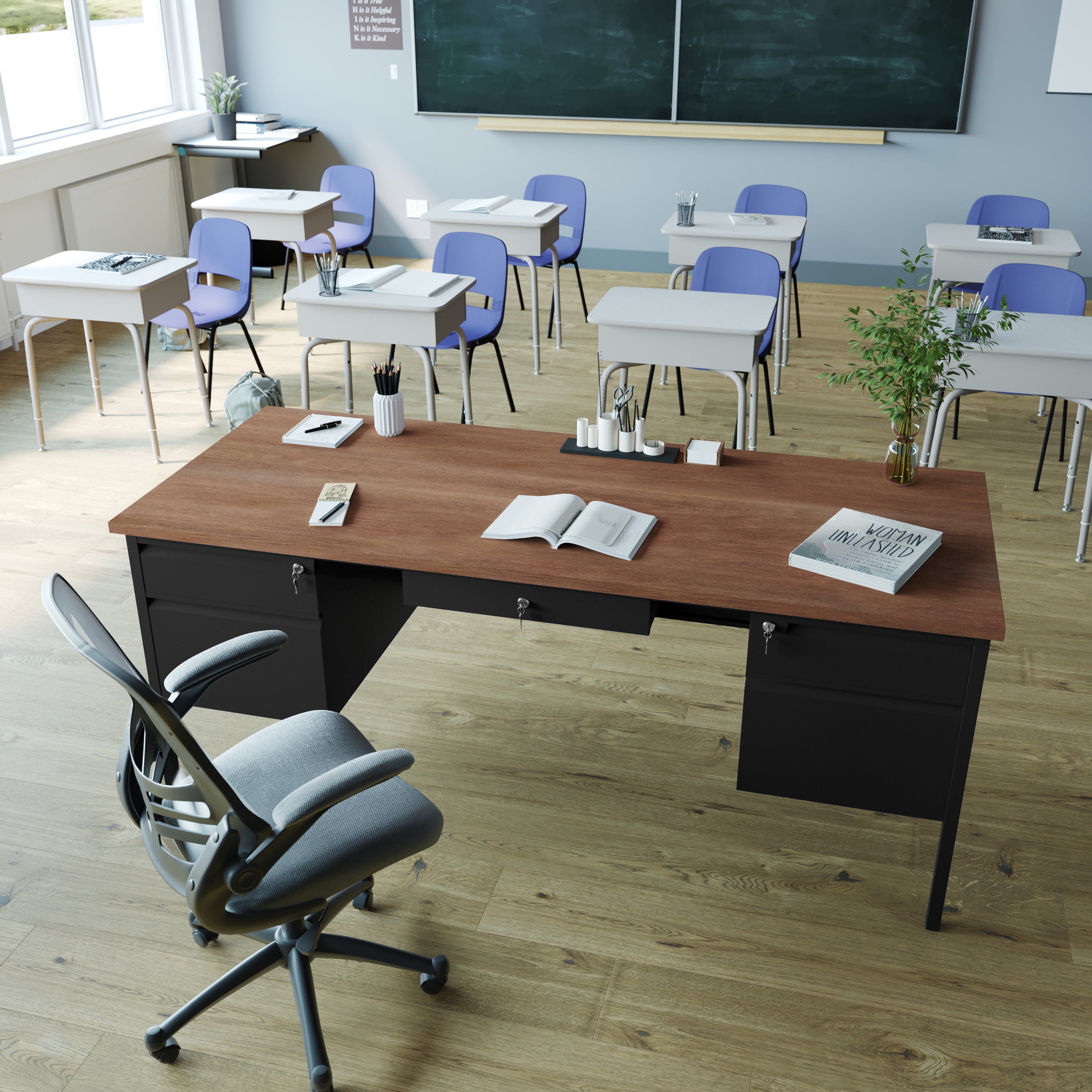 Cambridge Commercial Grade 30x70 Double Pedestal Desk with 5 Locking Drawers, Walnut Top and Black Frame